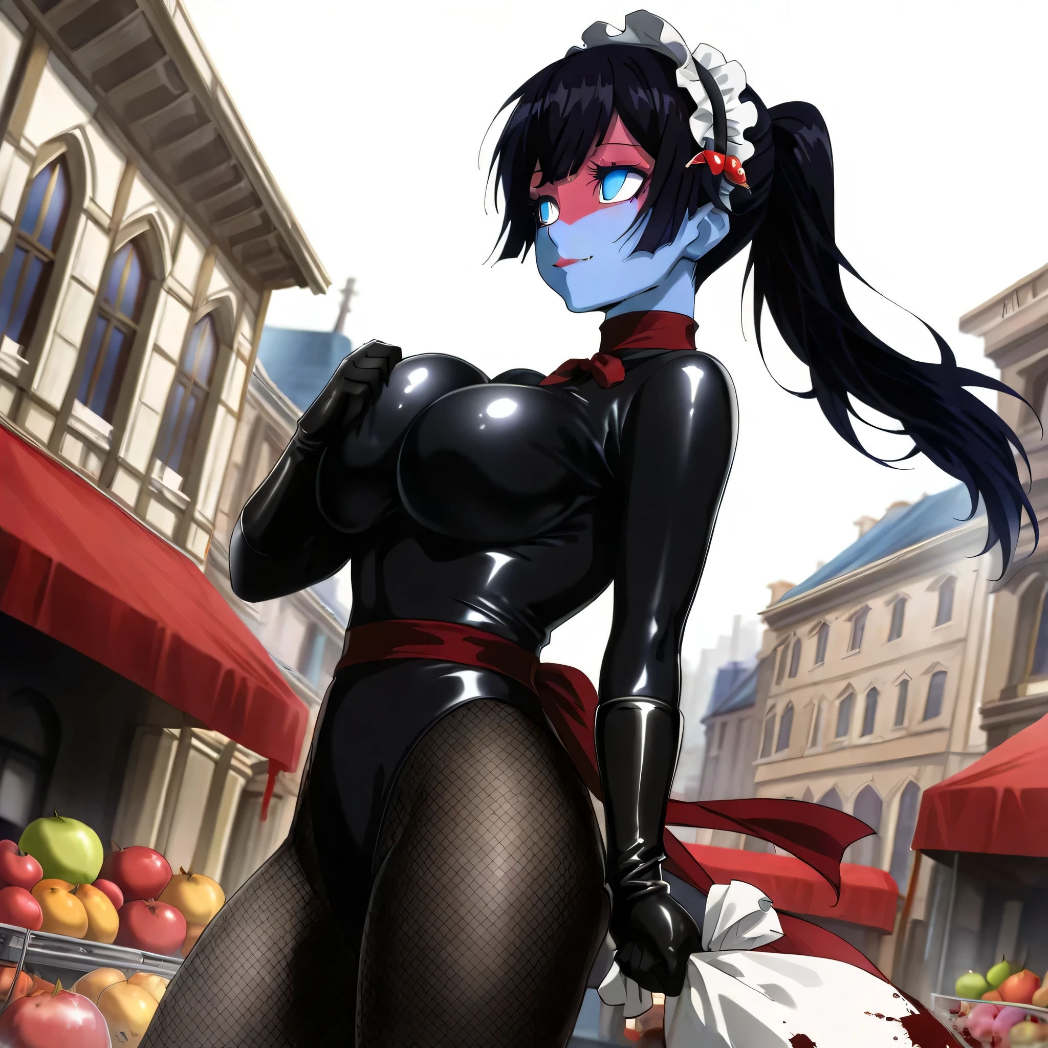 (((Masterpiece))), (((Best Quality))), ((Super Detail)), ultra-High resolution, score_9,score_8_up,score_7_up,score_6_up,score_5_up,score_4_up, BREAK, source_anime, anime screencap, uncensored, Masterpiece, (best shadow), (absurdres), (detailed background), (very aesthetic), detailed beautiful eyes, outstanding, an exquisite animation illustration, curvy, highres, shiny clothing, dark persona, empty eyes, blank eyes, shocker, black leotard, latex elbow gloves, brown fishnet pantyhose, red skin, blue skin, colored skin, red sash, makeup, (((solo, 1girl))), hair ornament, seductive pose, submissive pose, anime style, anime coloring, animification, megami magazine, sexy pose, dynamic angle, cinematic angle, dutch angle, dynamic composition, large breast, mei_mugengacha, ponytail, blue eyes, black hair, maid headdress, outdoor, western, western architecture, medieval, fantasy, outdoor, city, cityscape, sack, shopping, market, fruit, smile, light smile, gentle smile, looking away, walking, wind, windy, floating hair, dappeld light, sunbeam, looking from side, view from side, from side, hugging bag, blood splatter, gore, blood bag, blood sack, breast press, hugging sack