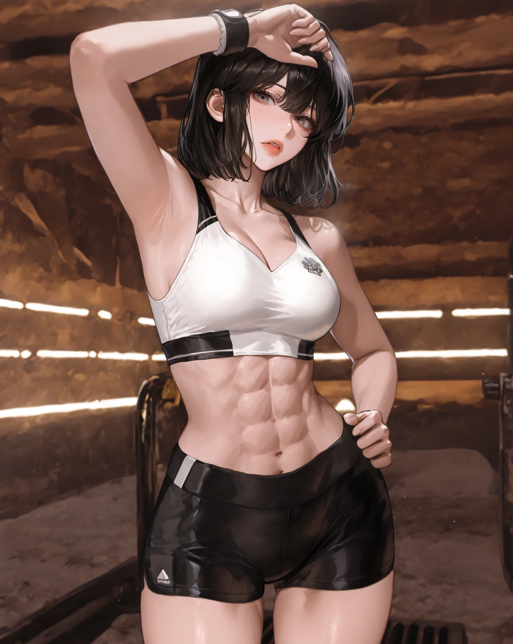 ((Masterpiece)), Alone, beautiful adult woman, Han Sooyoung, White sports top, bare abs, bare legs, tight black lycra shorts, short hair, black hair, gray eyes, sensual pose, neckline towards the front, leaning towarDs the camera, white background.