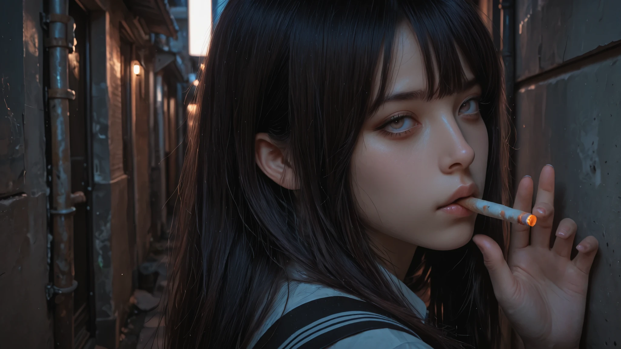 Lowest quality, lowest image quality,
Highest quality, highest image quality, highly detailed rendering, overwhelming realism. Photorealistic. A Japanese high school girl. Holding a cigarette in her mouth, staring listlessly into the distance. A back alley, with little light.
