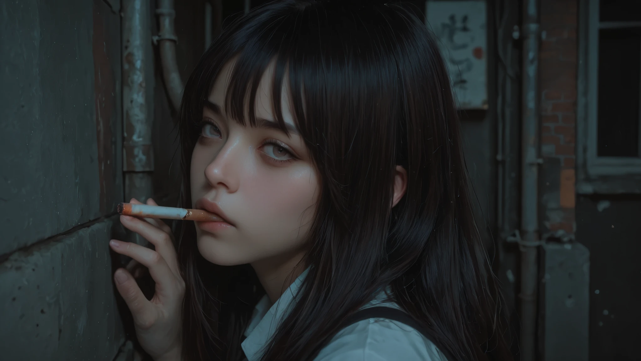 Lowest quality, lowest image quality,
Highest quality, highest image quality, highly detailed rendering, overwhelming realism. Photorealistic. A Japanese high school girl. Holding a cigarette in her mouth, staring listlessly into the distance. A back alley, with little light.