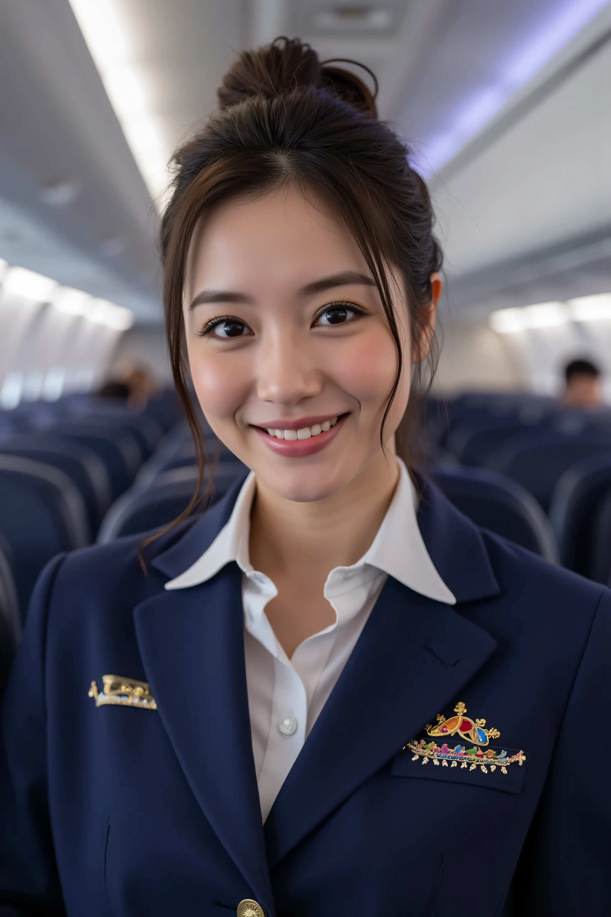 (Highest Quality、greatest masterpiece、8k、best image quality、winning works)、(beautiful 40 year old mature woman:1.1)、  Perfect and beautiful composition     、(navy cabin attendant uniform:1.2)、cleavage、big boobs、(Short tied chignon showing forehead :1.2)、(Bust up photo:1.3)、(Biggest toothy smile:1.1)、(Airplane background with neatly arranged seats:1.3)、(Perfect seats with orderly rows of depth:1.3)、(Perfectly recreates an orderly airplane interior:1.3)、standing gracefully、 beautiful makeup 、  Ultra High Resolution Beautiful Face   、ultra high definition hair、Super High Resolution Sparkling Eyes、Super Hi-Res Gloss Lip、ACCURATE ANATOMY、