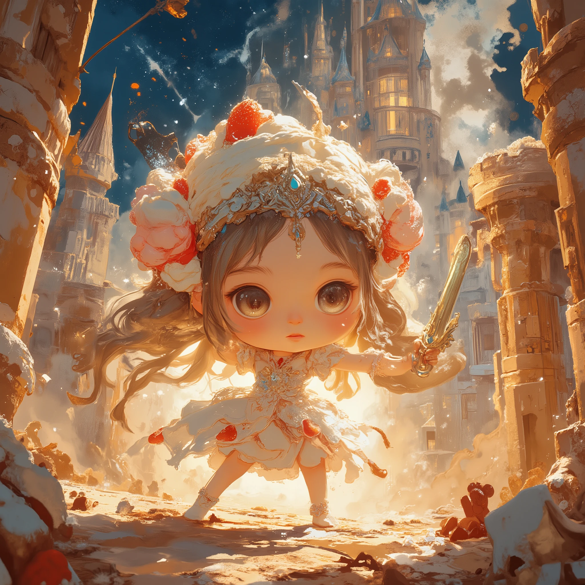 Perfect hand,3D render、chibi, Q version (Q version), SD, oversized head ( big head), tiny body (small body), kawaii (cute), cute (cute)、Goddess of Cakes、Pure White Fresh Cream Dress、Strawberry ornaments、Rich Curvy、long legs、Sparkling Chocolate Sword、Epic Cake Castle、Night View Illuminated by Magical Light、Dramatic Composition、Powerful Battle Scenes、fantasy art