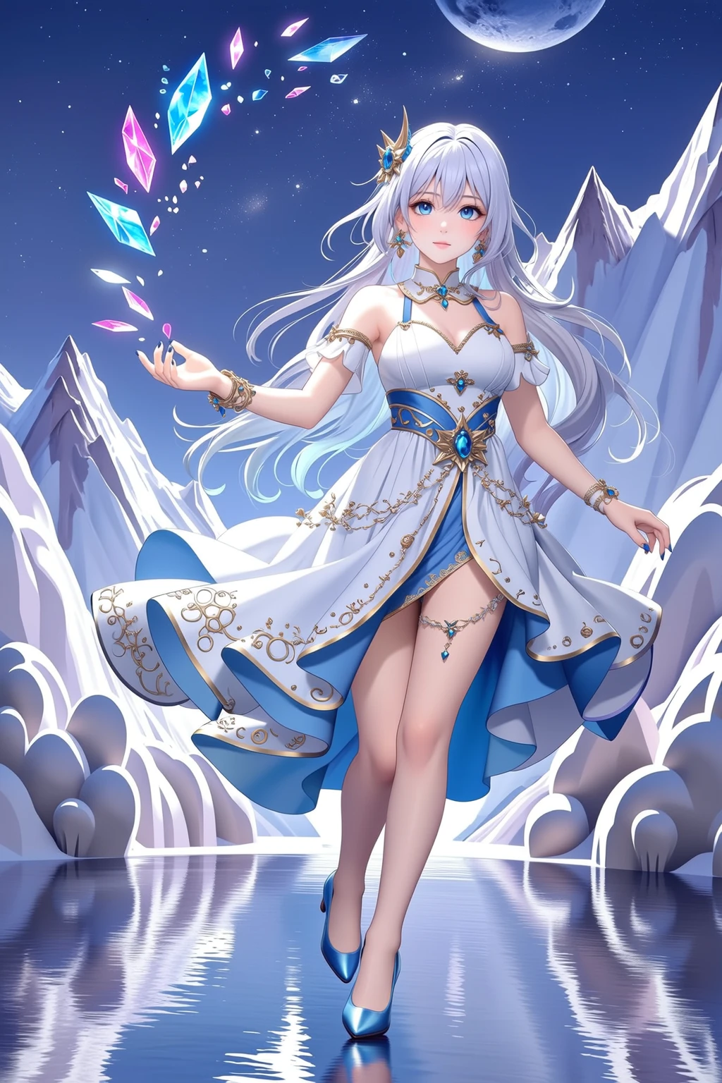 female humanoid fox wearing a crystal crown, long light purple hair, fox ears, and crystallized gemstone foxtails