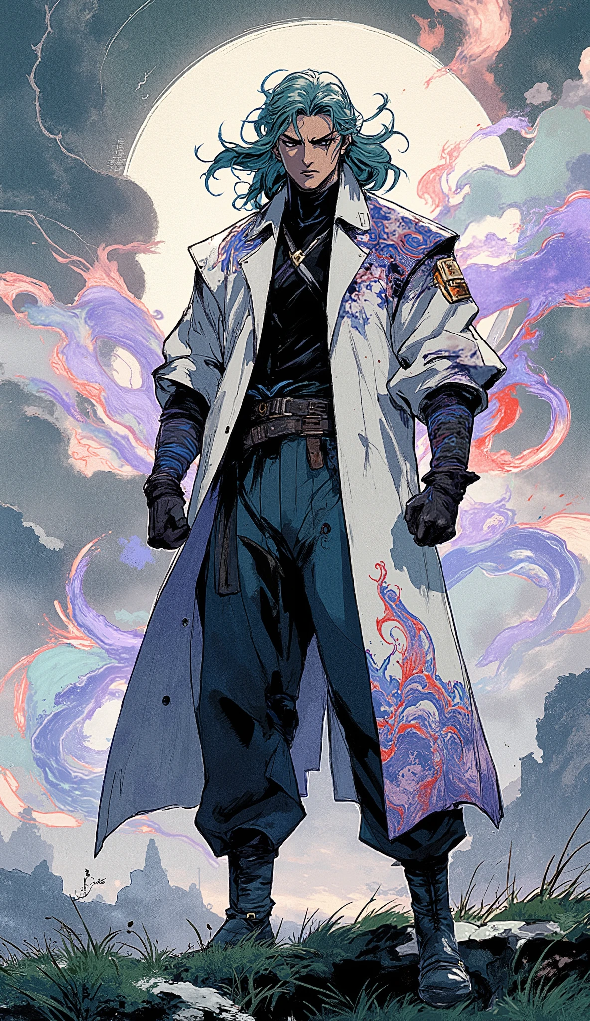 (Masterpiece, best quality, exquisite mature anime illustration, fantasy wuxia art), a handsome young man, a powerful martial artist with a cool and aloof temperament, standing in a dynamic guarding stance. He has a slender, well-proportioned, and muscular body with perfect and perfect hands with five fingers. His face is a sharp oval shape with a defined jawline, long sharp eyebrows, and calm, focused, deep-set eyes gazing into the distance with a serene and slightly detached expression. He has waist-length, fluffy and flowing blue-green hair with beautiful light and shadow layers, with center-parted bangs and strands of hair blowing in the wind. He is wearing a fantasy-style white cross-collared long coat adorned with large purple-blue flame and auspicious cloud patterns, featuring an asymmetrical hem. Underneath, he wears a black high-neck tight shirt, a wide black belt, and dark wrist guards. He is dressed in dark blue loose trousers and modern dark purple mid-calf leather boots with multiple straps and gold buckles. He is surrounded by a swirling aura of blue and red energy, his overwhelming presence dominating the vast grassland landscape. (Cinematic lighting, dynamic composition, ultra-detailed, intricate details, high resolution).