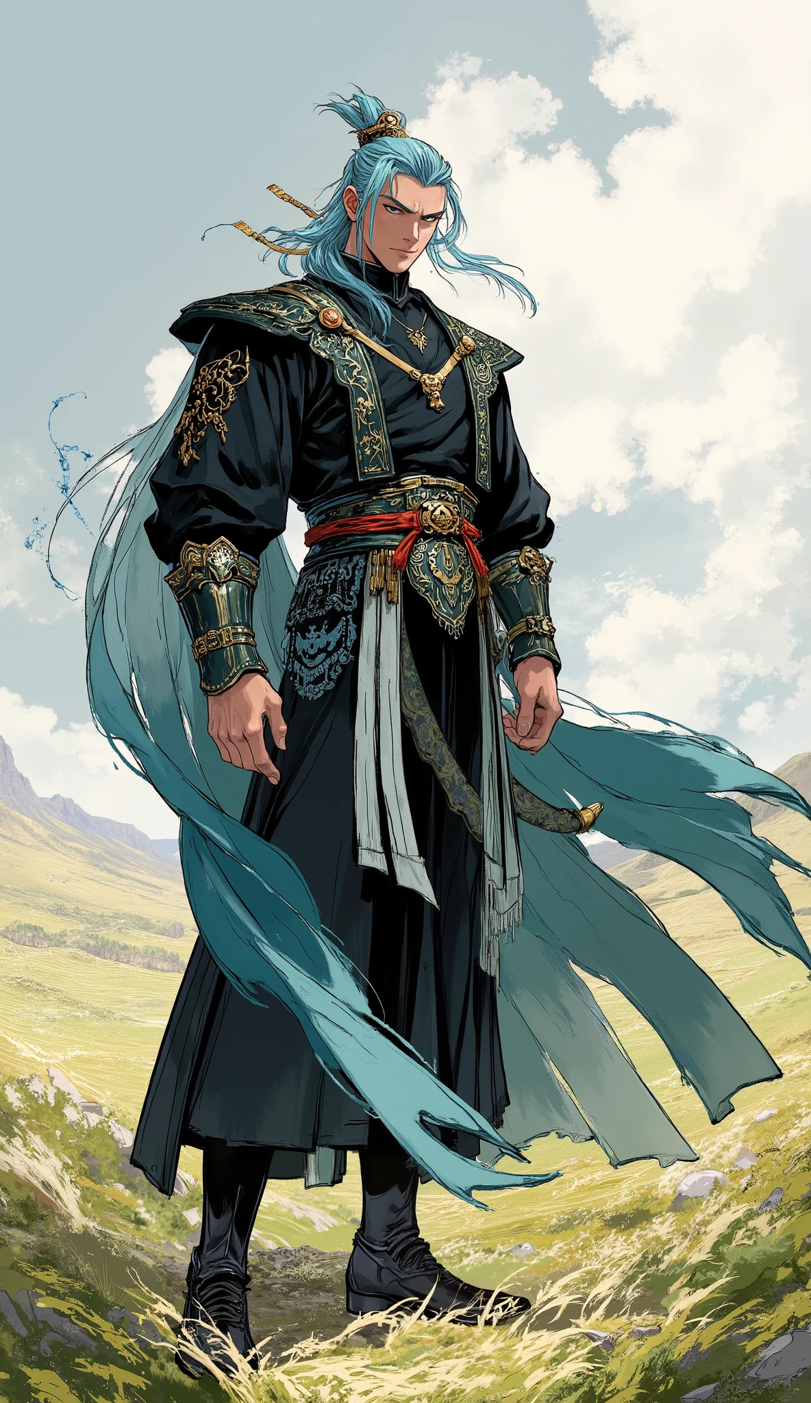 (masterpiece, best quality, ultra-detailed, exquisite mature anime illustration style), dynamic full body shot. A handsome young man with a cool and aloof temperament, embodying the essence of a fantasy wuxia warrior. He possesses a slender, well-proportioned, and muscular physique with perfect anatomy, radiating a sense of power and agility. His face is a sharply defined oval shape with a chiseled jawline. He has long, sharp eyebrows and a calm, focused, slightly distant gaze looking to one side. His waist-length, fluffy, and flowing cyan-blue hair, with rich layers of light and shadow, is parted in the middle, with a few strands fluttering in the wind.
He is dressed in a fantasy-style, cross-collared martial artist's robe, which is white with large, intricate purple-blue flame and auspicious cloud patterns and an asymmetrical hem. Underneath, he wears a black high-neck, form-fitting shirt. A wide black belt cinches his waist, and he wears dark wrist guard gloves. His lower body is clad in dark blue loose-fitting trousers tucked into modern-designed, mid-calf dark purple leather boots featuring multiple straps and gold buckles.
He stands sideways in a stable, guarded stance, his body surrounded by swirling blue and red energy. His overwhelming aura dominates the vast grassland around him.
(cinematic lighting, sharp focus, intricate details, powerful atmosphere, creative composition, perfect hands, normal five fingers).