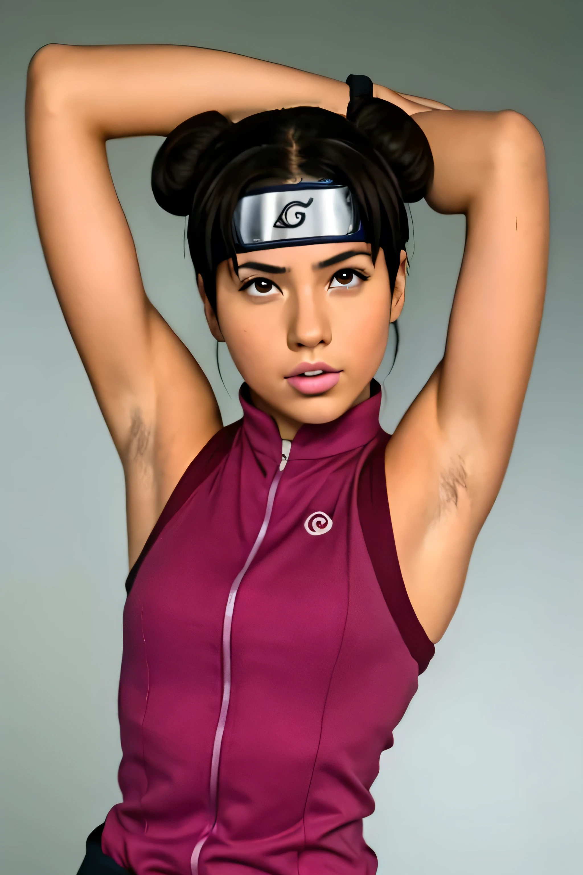 Tenten,human woman with fair skin and slight tan.with brown eyes and pink clothing. Her hair is long and brown in color; She is beautiful. Fair skin.Tsundere face. Pink eye shading,mature appearance,armpits,sweat,sweaty,sweaty armpits,arms up,showing armpits,awesome armpits,outfit,blackish red arm warmers,maroon arm bands,pink arm warmers,tongue, wearing black gloves
