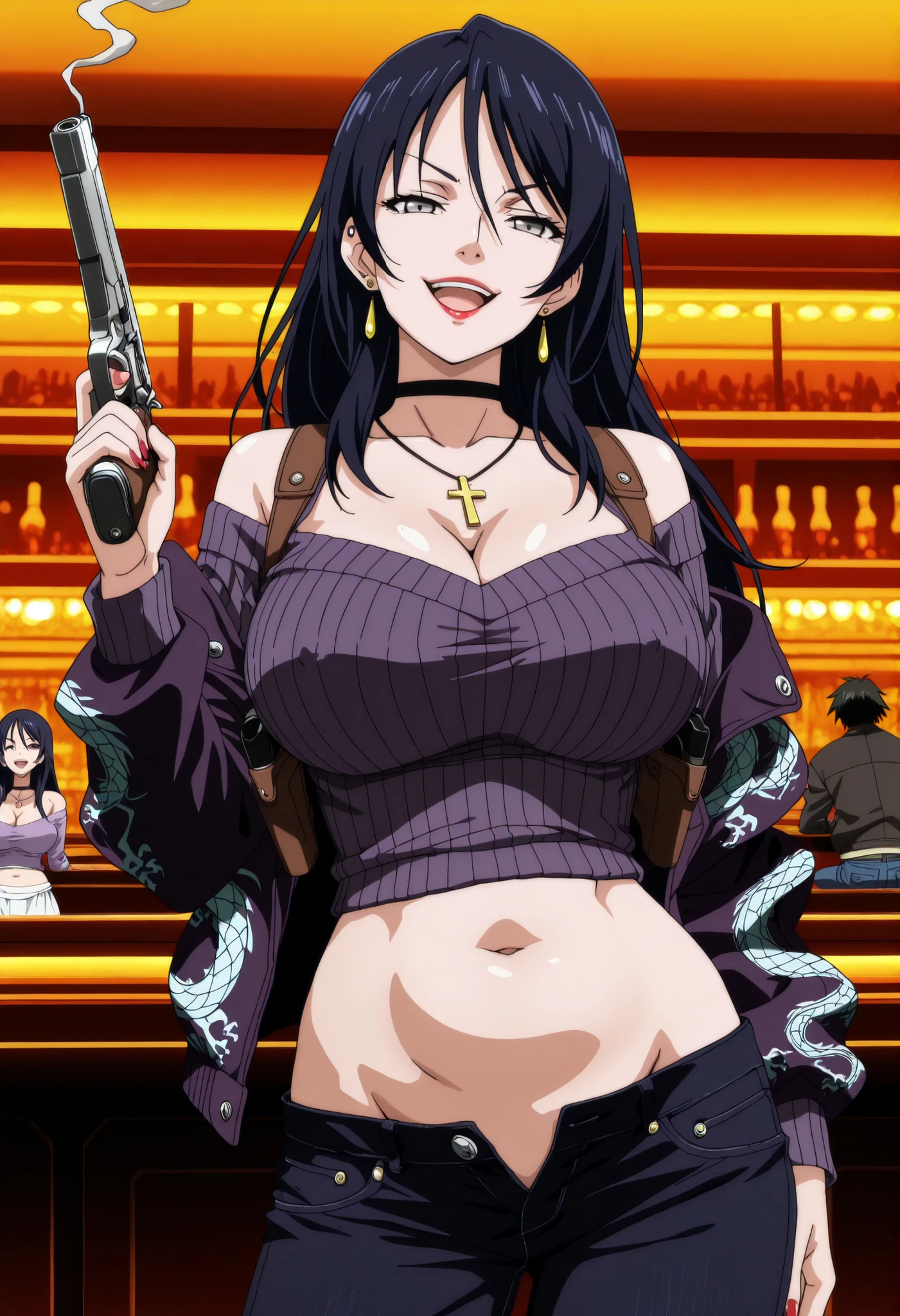 masterpiece, best quality, amazing quality,,  yuri kotobiki, long hair, black hair, grey eyes, mature female, , anime screencap, off shoulder, sweater, purple sweater, skirt, white skirt,,  nail polish, ear piercing, long hair, , lipstick,Hot girl, baddie, smoking, sensual, attractive cross necklace, choker , jewelry, earrings, bar background, inside bar ,indoors, , casino, pull_down jeans(show off panties,:1.2, no panties),masterpiece,high
quality,4k,belly,,holding pistol,cleavage,
smile, open mouth, (nsfw) not safe for work, evil expression,belly, exposed navel, exposed
midriff, exposed lower belly,dragon print jacket, unbuttoned jeans , low rise black jeans,
Low rise jeans with open fly, motorcycle jacket, sweater with center opening,
shoulder holster,,  navel ,open mouth , medium large breast ,looking at viewer , dragon tattoo on waist, narrowed eyes, tattoo on waist, anipai_style , anime screencap , anime coloring, v-shape eyebrows,