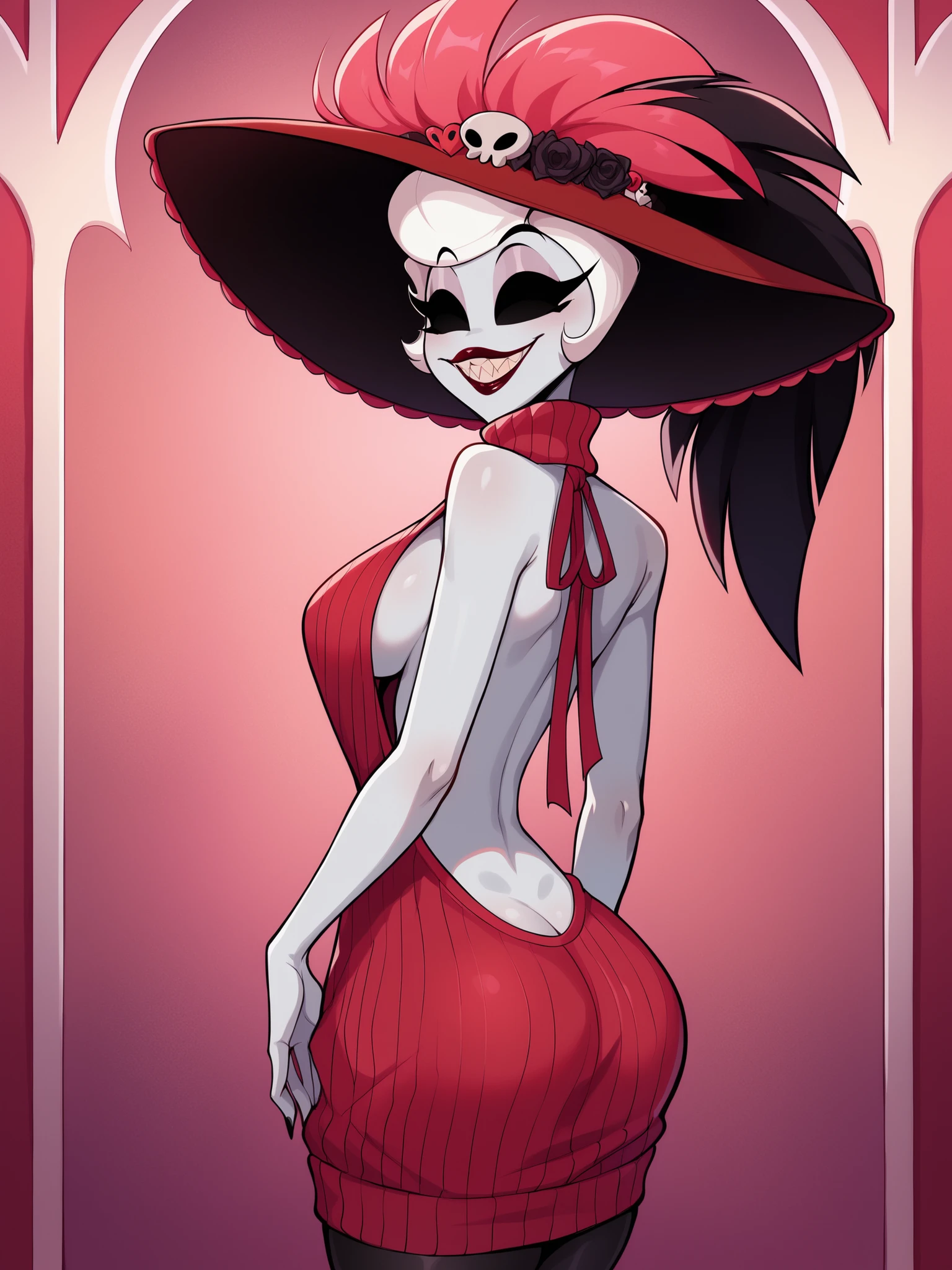 result_7_ir, BREAK, HAZBINHOTELROSIE, 1 girl, solo, pale skin, tall woman, white hair, short haircut, completely black eyes, hat, round curvy , indoors, plump lips, dark red lipstick, sharp teeth, sly smile, side view, side , dressed only in gray virgin killer sweater, standing, abstract pink background wide , slim waist, look at the viewer, front view, official style, original style, 2D cartoon style, smooth colors, neat, perfect hands, perfect face, perfect body, , perfect eyes, perfect mouth., perfect hands, perfectly round , perfect, regular facial features, high quality, masterpiece, attractive,  it