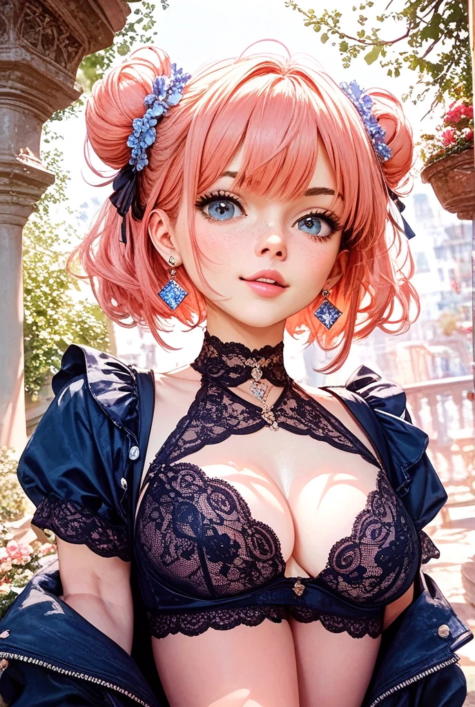 (Masterpiece, BestQuality:1.3), (ultra detailed:1.2), (hyperrealistic:1.3), (RAW photo:1.2), High detail RAW color photo, professional photograph, (Photorealistic:1.4), (realistic:1.4), professional lighting, perfect , (Big Breasts:1.2), (blush, detailed face), (cheerful Smile:1.5), Trending Hair&Trending Hairカラーをランダムに, earrings, necklace, bracelet, sexly,  sexly, Random sexy gravure poses, (A beautiful pink-haired woman in a white summer dress、Smiling and posing sexily while enjoying a glass of wine at a spring garden party。:1.3)