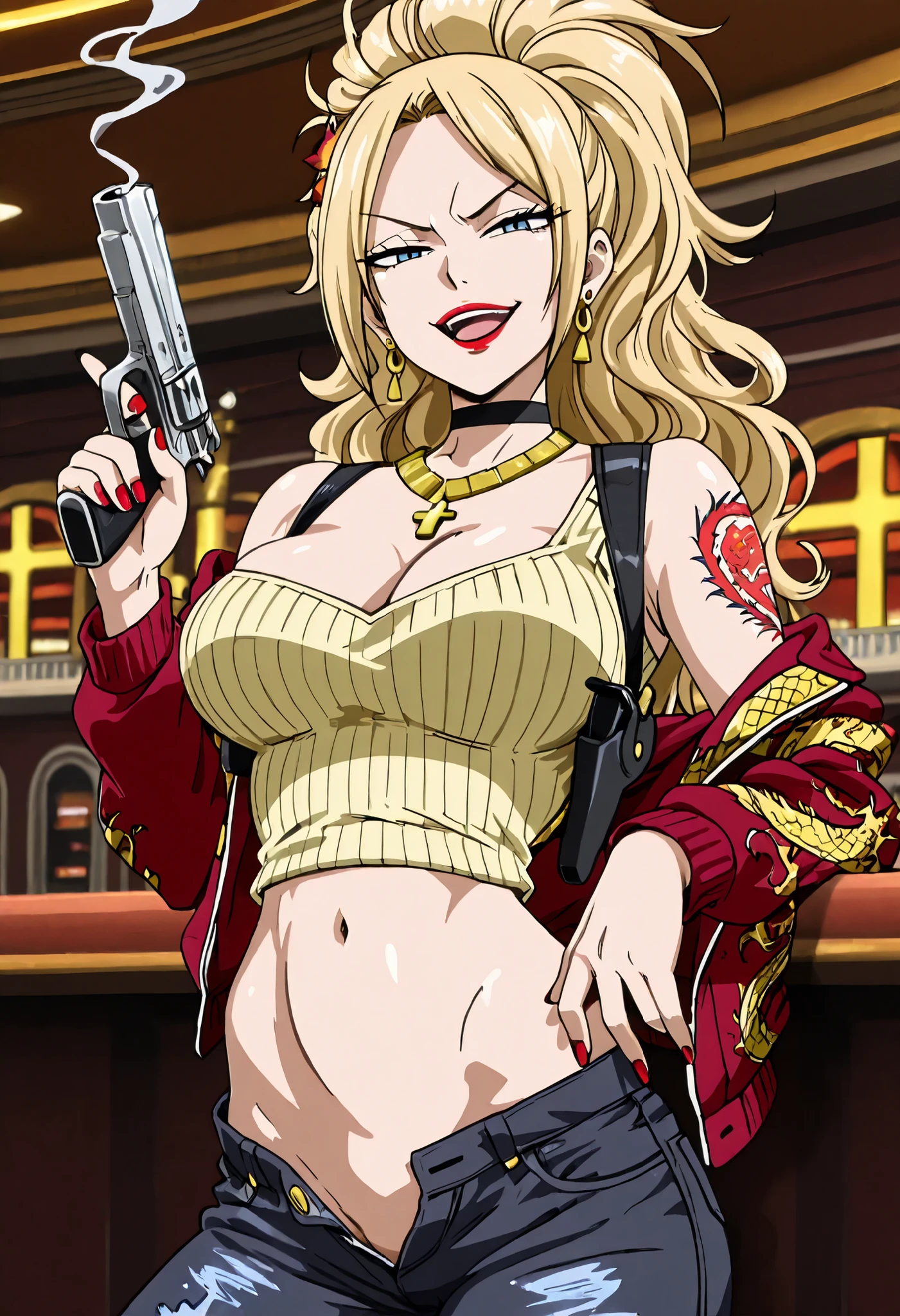 jennyreality, 1girl, long hair, ponytail, wavy hair, blonde hair, blue eyes,,   nail polish, ear piercing, long hair, , lipstick,Hot girl, baddie, smoking, sensual, attractive cross necklace, choker , jewelry, earrings, bar background, inside bar ,indoors, , casino, pull_down jeans(show off panties,:1.2, no panties),masterpiece,high quality,4k,belly,,holding pistol,cleavage, smile, open mouth, (nsfw) not safe for work, evil expression,belly, exposed navel, exposed midriff, exposed lower belly,dragon print jacket, unbuttoned jeans , low rise black jeans, Low rise jeans with open fly, motorcycle jacket, sweater with center opening, shoulder holster,, navel ,open mouth ,off shoulder, sweater, medium large breast ,looking at viewer , dragon tattoo on waist, narrowed eyes, tattoo on waist, anipai_style , anime screencap , anime coloring, v-shape eyebrows,
