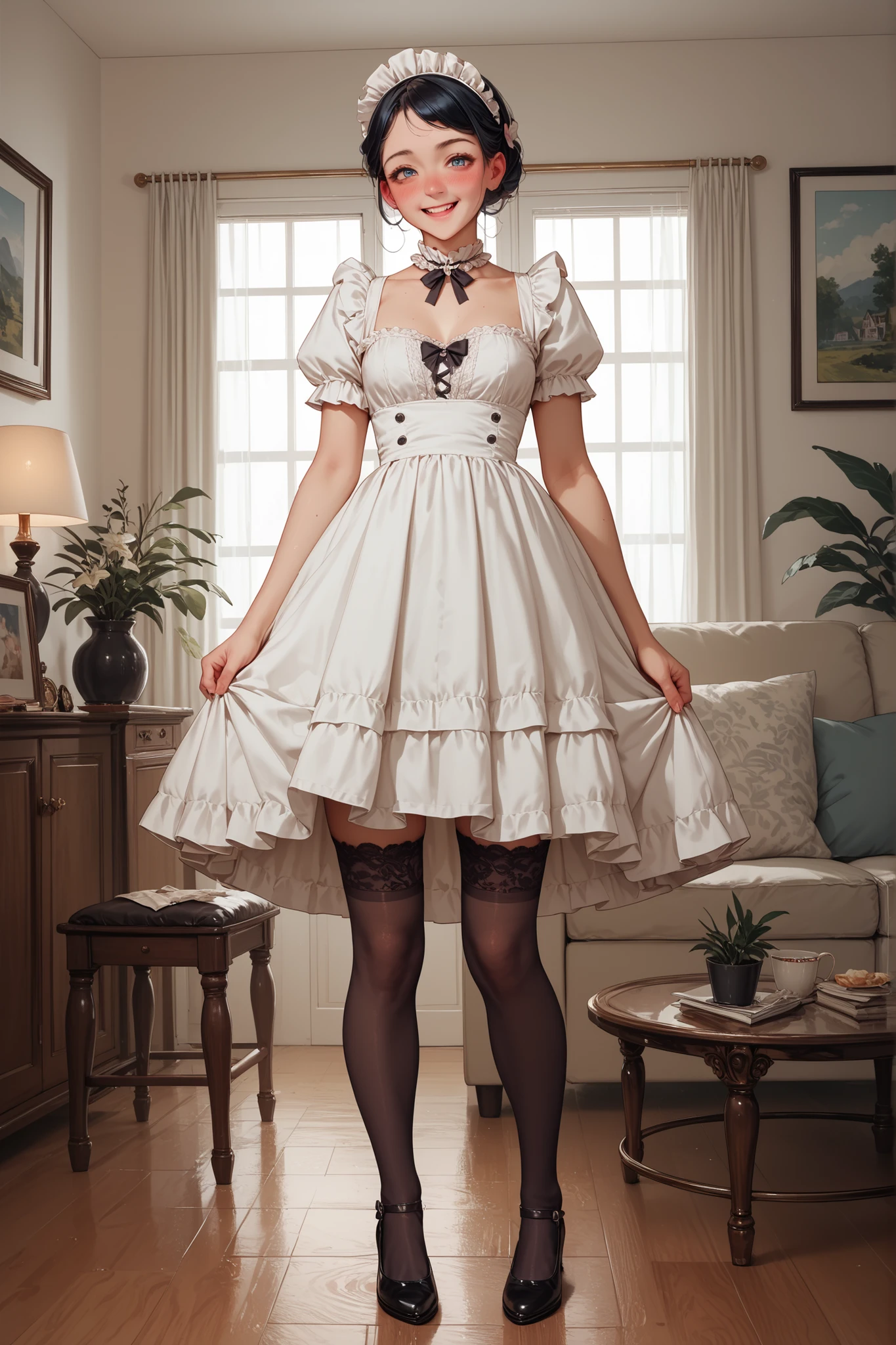 modest lacy Victorian French maid, stands in front of the expensive living room, on his face with a timid smile and blush, raises the dress in front, stockings, black lace panties, soft light, full-length front view