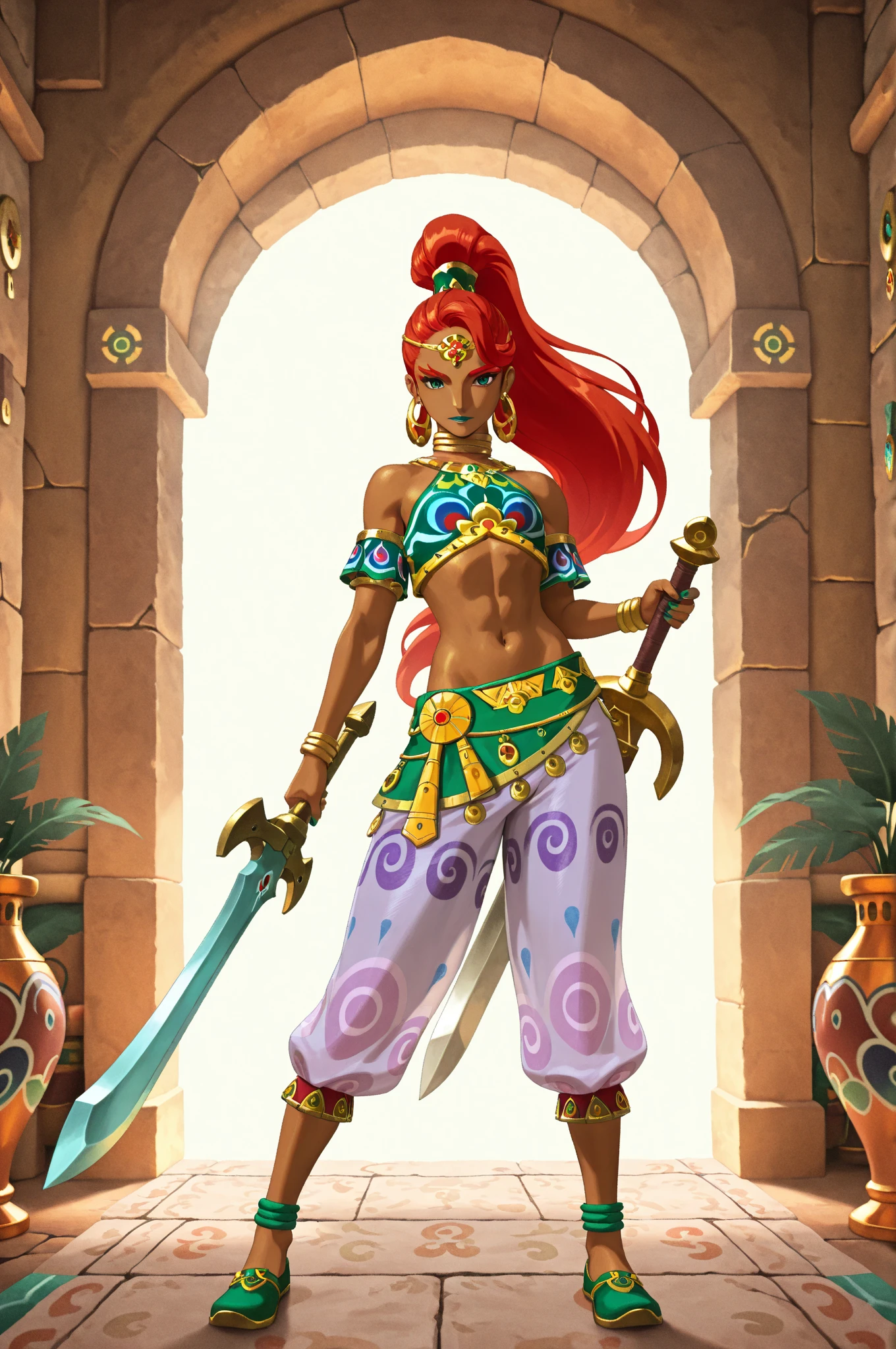 best quality, high resolution, large breasts, red hair, blush, embarrassed, cowboy shot, looking at viewer, Riju, blue lip, ((())), (((off shoulders)))