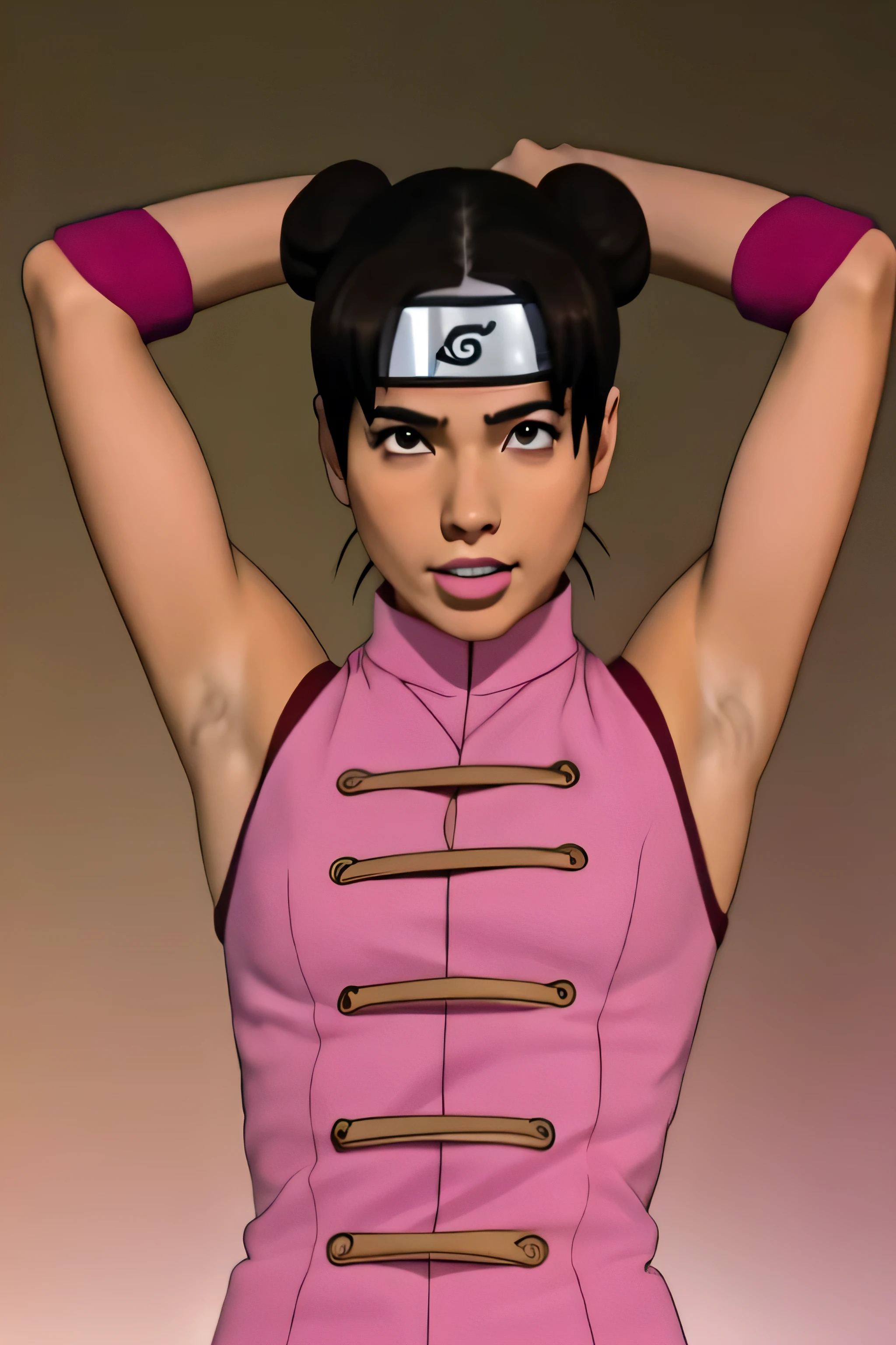 Tenten,human woman with fair skin and slight tan.with brown eyes and pink clothing. Her hair is long and brown in color; She is beautiful. Fair skin.Tsundere face. Pink eye shading,mature appearance,armpits,sweat,sweaty,sweaty armpits,arms up,showing armpits,awesome armpits,outfit,blackish red arm warmers,maroon arm bands,pink arm warmers,tongue, wearing black gloves
