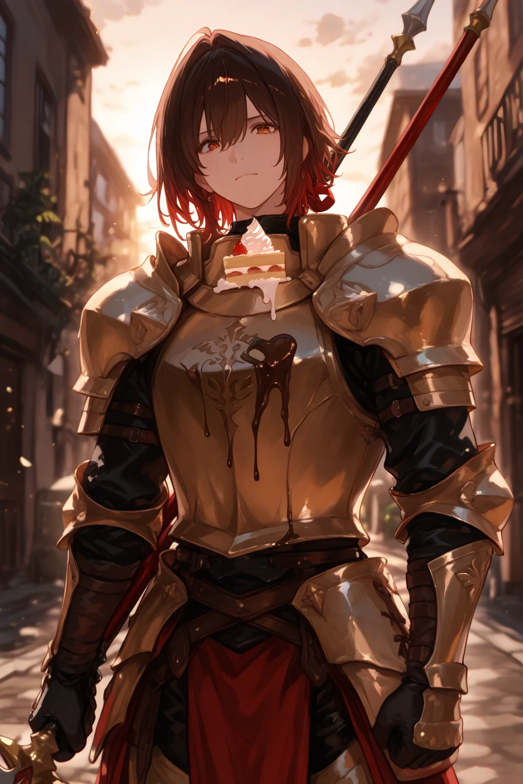 (ultra detali:1.2, work of art:1.2, best qualityer:1.2, high resolution:1.2), war zone background, scenario, raining, 1 girl, , chestnut hair, hypdertailed, armor clothes, breastplate, dirty faced, blood spots, dark sky
