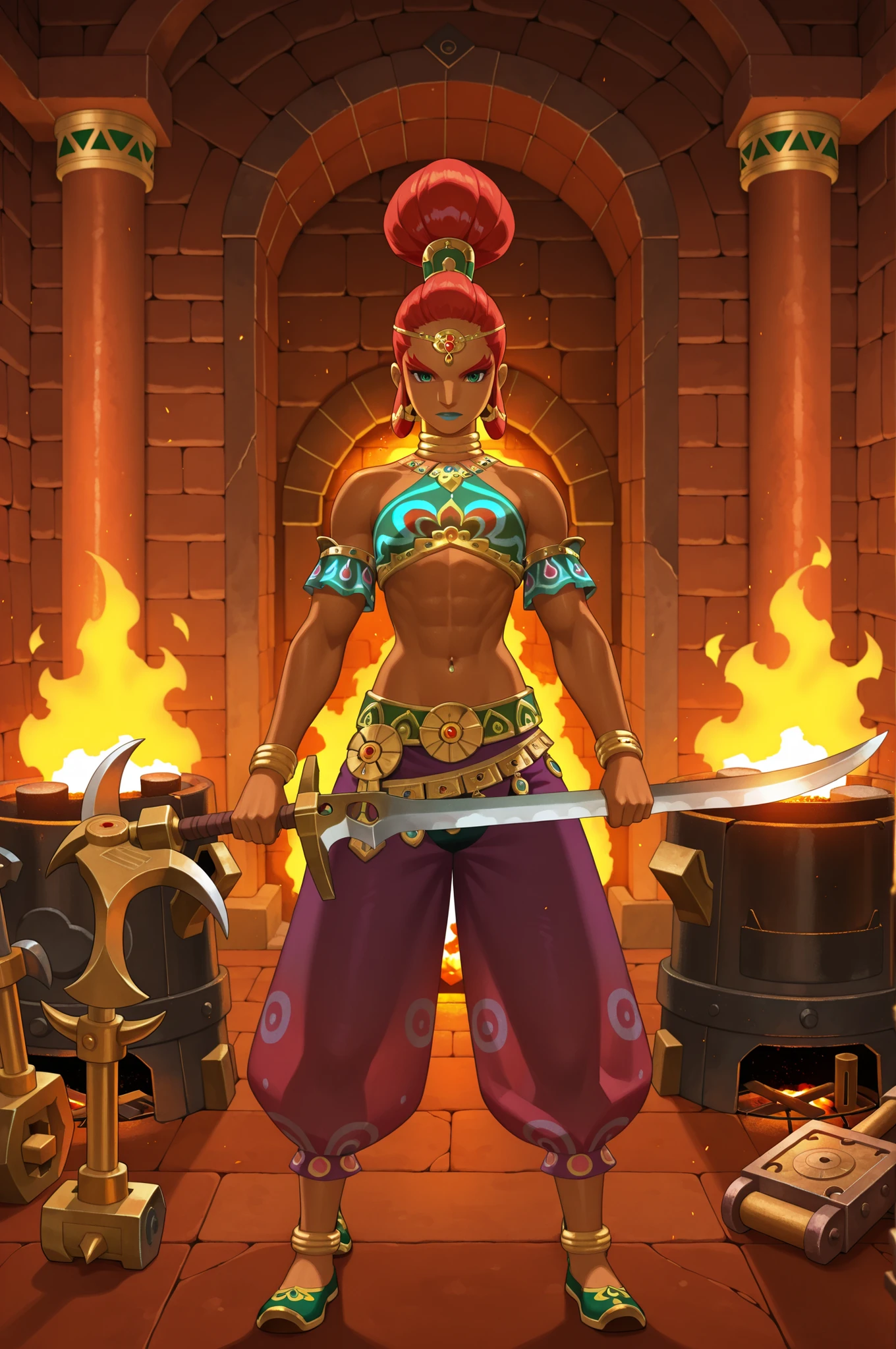 1girl, a Gerudo female, tall, bronze skin, red hair, crafting a scimitar sword with a hammer on an anvil, inside a forge, furnace anvil hammers, in full view in a highly detailed anime style