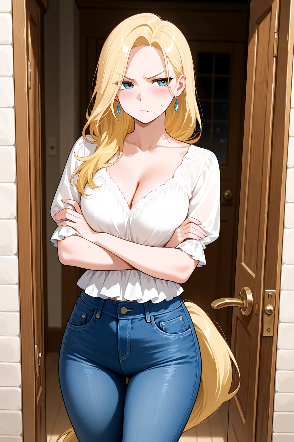 <lora:3d:0.8>, 3dr7,
score_9, score_8_up, score_7_up,
best quality, masterpiece, ultra detailed,
head, torso, thighs, knees in the image, standing, 
<lora:Expressive_H:1>, blush, light smile, nose, lips, pink cute lips, 
looking at viewer,
<lora:Everlasting_Summer_Slavya_by_GraffMetal:0.8>, slavya, blonde hair, very long hair, long hair, twin braids, blue eyes, 
wear shirt and jeans, bracelet on left hand,  cleavage, sleeveless, 
sunset, warm light, cozy,  atmospheric background, purple colors background, 
amazing background,