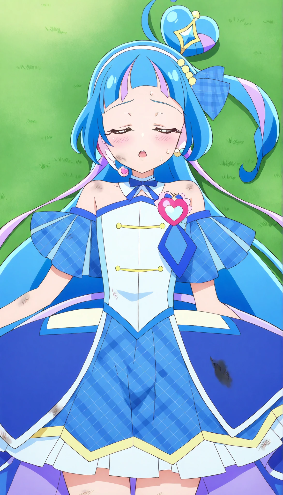 cure wink, kimi to idol precure, blue hair, magical girl, mini crown, purple eyes, blue dress, tilted headwear, very long hair, blunt bangs,  shoulders, hairband, two-tone hair, purple hair, jewelry, idol clothes, idol, masterpiece, best quality, newest, absurdres, CG, anime, source anime, illustration,heart brooch, headset, thigh,  outdoor ,park, open mouth ,rouge lips,large  ,tired face ,blushing ,cowboy shot, on back ,closed eyes ,  clothes,  costume ,sweat