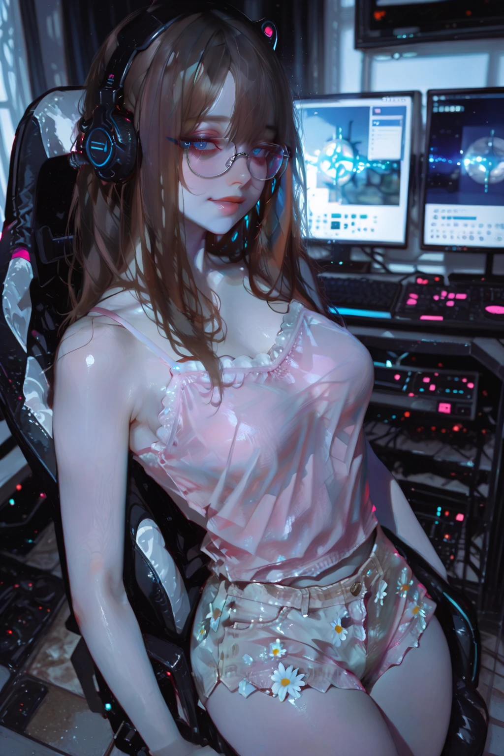Highest quality, Ultra-high resolution, Realistic, Cyberpunk sexy pink hair girl、Take photos in a studio environment with a gray background, View your audience, Upper Body, thin, Visible Cracks, Crop top,Big Breasts,(The clothes are ), (:0.9)