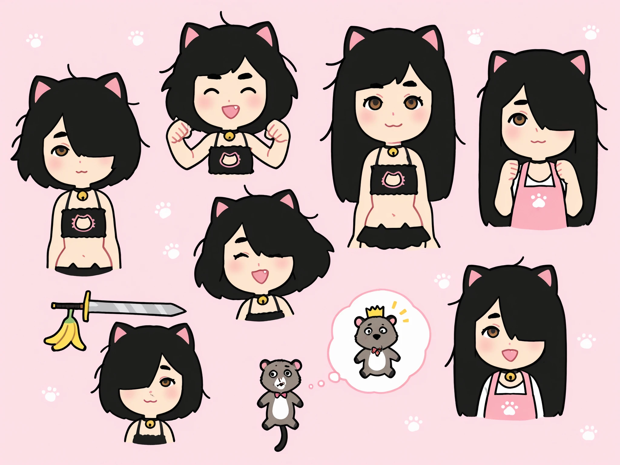 sfw, card \(medium\), 1girl, solo, loli, round face, 10’s, school student, immature, petite, short, cat girl, cat ears, cheerful, neck bell, fang, brown eyes,reflected light in eyes, black hair, short hair, straight hair, hair over one eye, messy hair, burnt bangs, cleavage, delicate shoulders, flat chest, asian body, narrow waist, narrow hips, with (pet male Opossum, broken crown), happy, 
happy,
realistic irises, multi-layered irises, reflected light in eyes,  

dreamy atmosphere, soft focus, bloom, pastel tones, light haze, hard shadows, narrow palette, soft bokeh,

blush, relax face, (moist eyes:1.2), laughing, notice line, happy aura, 
thought bubble, (banana;1.0),
(lovely Sweets girl), (sweet cat lingerie,bra, cat panties,neck bell),black underwear, pastel colors, lots of ribbons, bows, frills, mini skirt, short skirt, pink apron, bow, navel, 
stuffed toys, 

standing, spread legs, holding a sword in a ready stance, focused expression, wind blowing hair, Sweets, 
imagining, (nostrils, nose hair, Inside a giant nose), giant Black-Capped Capuchin monkey sailor boy,  

in motion, motion blur, dynamic pose, dynamic action, 

lots of stuffed toys, lots of chips, 



from front, from above, from front, front view, face focus, portrait, face close up, 
title (Sweets girl), 
simple background, pink background, paw print background, wide nose, green boogers, print background, drop shadow, blue-gary bold border, out of framed, 
cropped torso, 

watercolor:1.3, pastel color:1.3, highest quality, UHD, retina, masterpiece, accurate , super detailed, high quality, best quality, 8k, 
detailed background, perfect eyes, detailed eyes, (masterpiece, detailed:1.2),  ((high_quality)), ((Super_Detailed)), dynamic angle,

exaggerated eyebrows, expressive eyebrows, curved eyebrows, black eyebrows, eyebrow focus, eyebrow expression, stylized eyebrows, girl with heavy eyebrows, girl with bushy eyebrows,