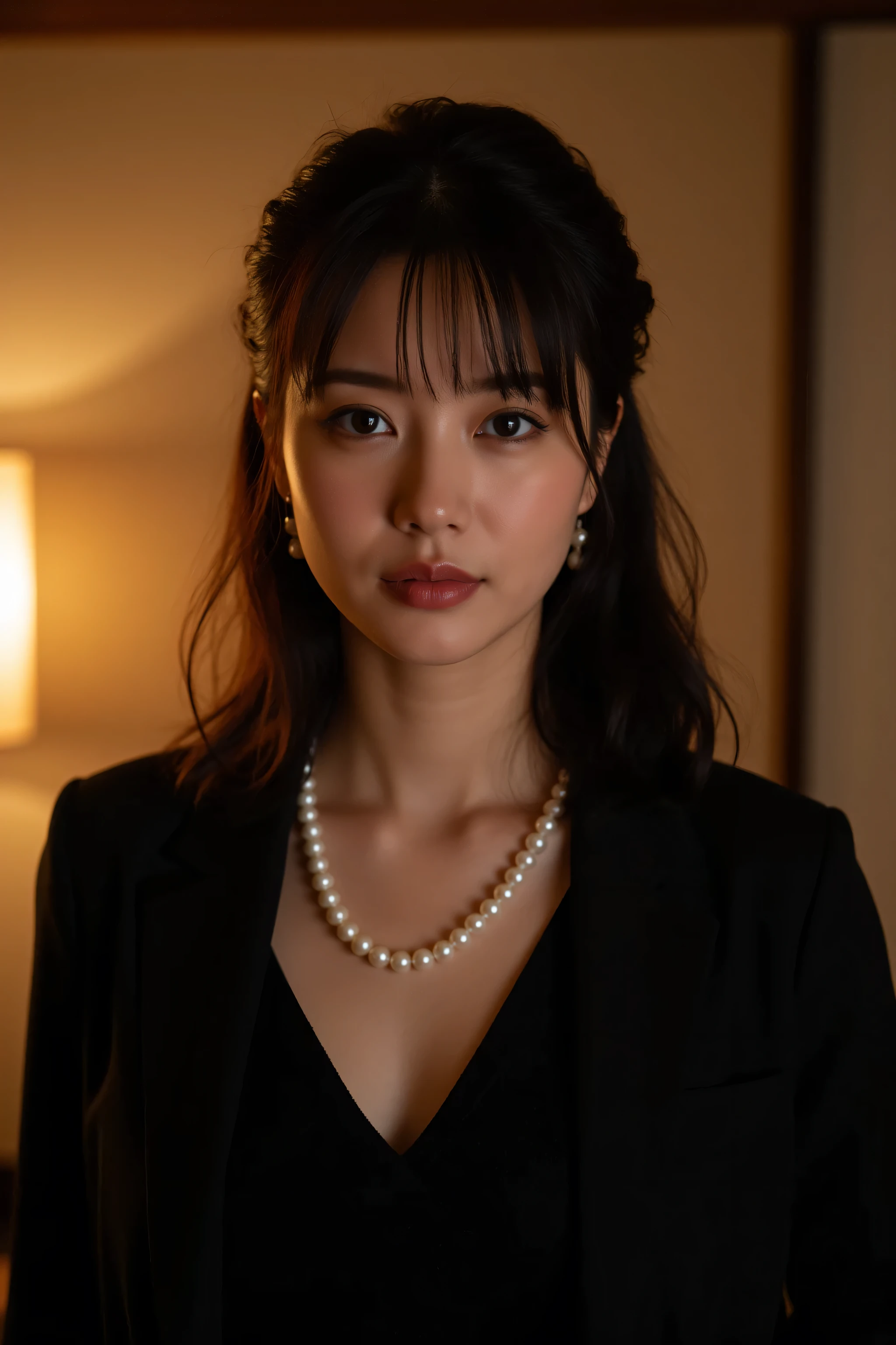 (Highest Quality、greatest masterpiece、8k、best image quality、winning works)、(beautiful 40 year old mature woman:1.4)、 Perfect and beautiful composition 、(Black Long Sleeve Jacket:1.2)、(black U-neck inner shirt:1.4)、(Disconnect:1.2)、Wrinkled Old Face、big boobs、(short chignon :1.2)、(face close-up:1.3)、(PERFECT LARGE PEARL NECKLACE:1.3)、standing gracefully、Modest Light Makeup、 Ultra High Resolution Beautiful Face 、ultra high definition hair、Super High Resolution Sparkling Eyes、Super Hi-Res Gloss Lip、ACCURATE ANATOMY、(It's dim、Elegant Japanese-style room background that makes your forehead stand out:1.5)、(A dim Japanese-style room with only warm lamp lights:1.5)、(Aged Face with No Sad Expressions :1.5)、sliding door、Shoji screen、tatami、(warm lamp backlight:1.5)、(lamp that exposes the forehead:1.5)
