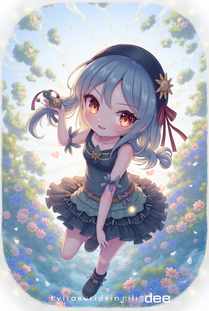 Masterpiece,high quality,high resolution,Detailed Background,Glassy, clear eyes,Lens flare,Blue Hair, Twin tails, Hair between the eyes, 紫のhair bow, eyebrows visible through hair,Magical Girl Clothes,1girl,Floating in the sky,grassland,Are standing,whole body