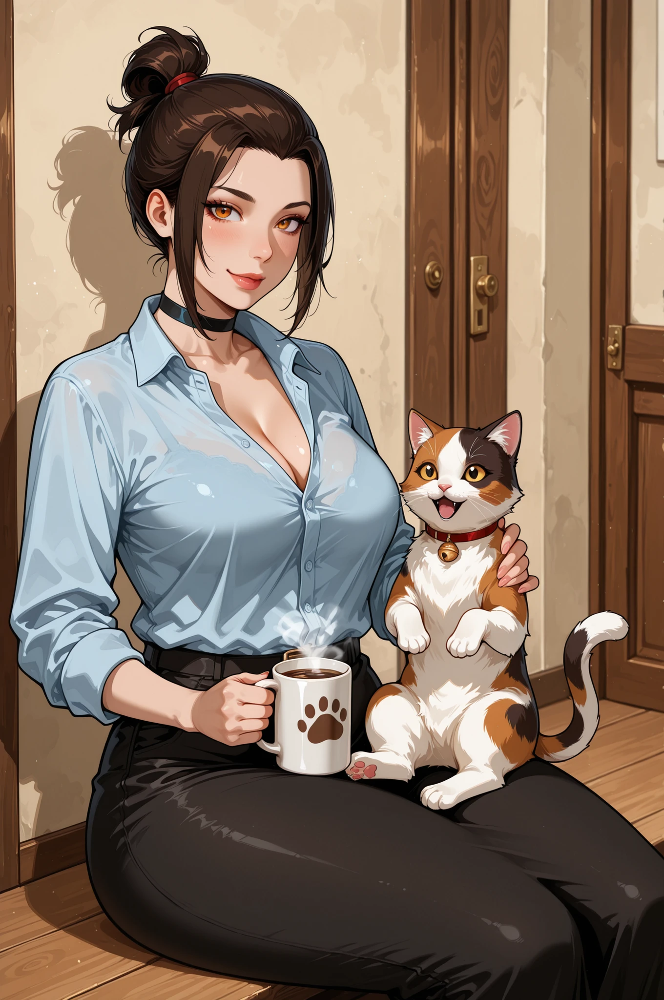  Azula , amber eyes . wavy dark brown hair strands above her shoulders. short hair. small saggy breasts. huge hips. choker. |   Realistic , Cat Life A cat greets an office lady who comes home tired , Reunion at the front door , a happy cry Calico cat curling up on its lap , owner drinking coffee , time of peace Steam in a mug , Cat purring sound , healing dusk Warmth Touched by Little Paws , relaxed expression , everyday happiness 