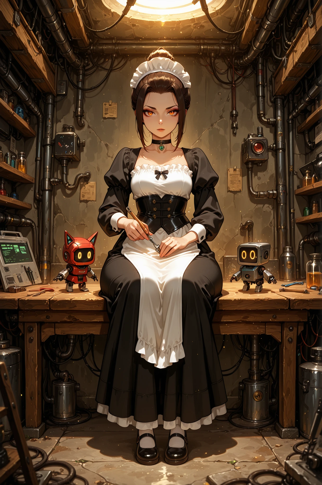  Azula , amber eyes . wavy dark brown hair strands above her shoulders. short hair. small saggy breasts. huge hips. choker. |  high quality, masterpiece, best quality, 3/4 viewer,  fox_ears,  (detailed eyes:1.2), (sharp eyes:1.1), wearing a refined black and white maid outfit with subtle metallic trims and futuristic embellishments, white lace headdress with small tech ornaments, mary janes with polished details, seated at a futuristic workbench in a calm, focused pose, (carefully repairing a small robot with precision tools in hand:1.3), background as a robotic maintenance room filled with spare parts, glowing holo-screens, and scattered mechanical components, soft but cinematic lighting highlighting her fox features and maid uniform, highly detailed anime-style illustration. long skirt