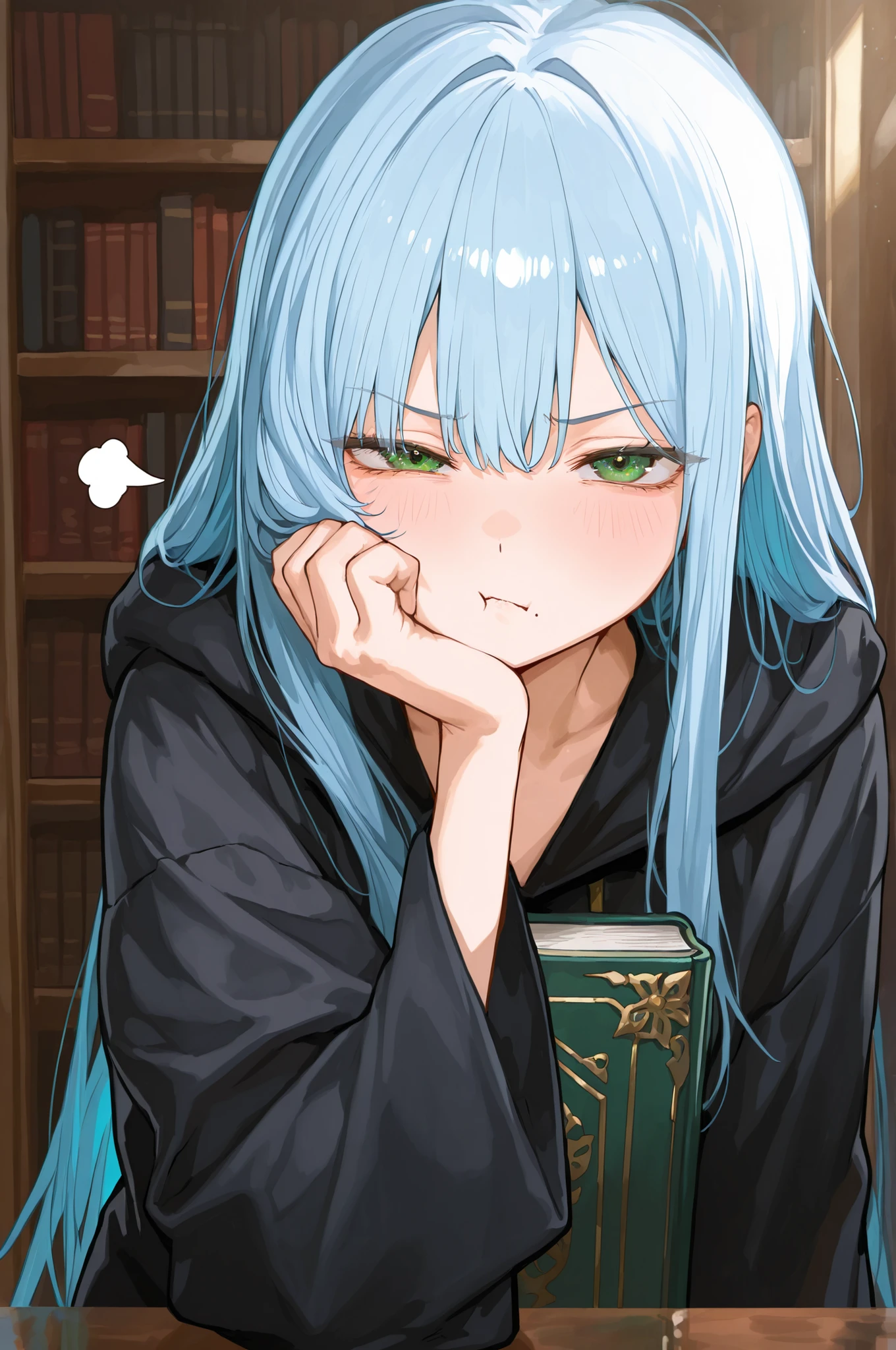 masterpiece, best quality, 8k, clear line drawing, thick line drawing, detailed eyes, High Quality Animation Illustration, Source _animation, shiny texture, Reflective Expression,Best Animation Illustration, girl, black robe with gold accesssories, library background, holding book, long blue hair, green eye, sigh, tired face, looking at viewer, cute, small, strict face, solo character, front view, angry, palm on face pose