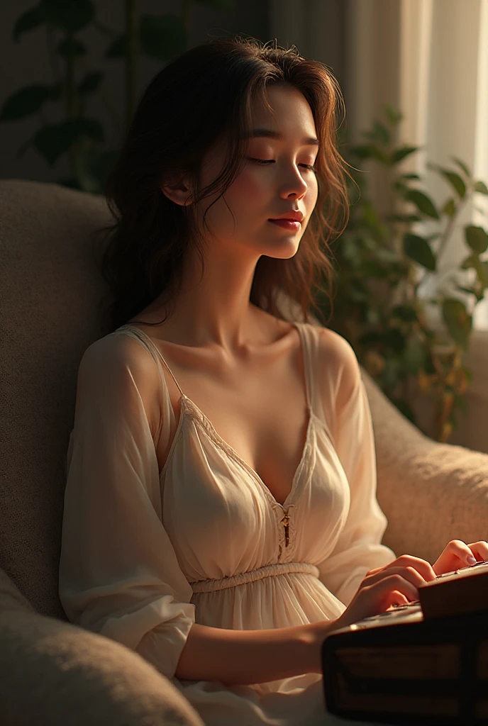 Ultra realistic. A busty woman clutches a soft pillow to her chest, hiding behind it slightly as she sits in the corner. Her eyes are wide, fearful, her gown revealing her form without exposure. Dim light filters through a high-set window, casting eerie lines across the padded walls. She appears deeply confined, with a heavy sense of sorrow in her eyes, as if silently pleading for escape. medical restraints faintly visible beneath her gown.