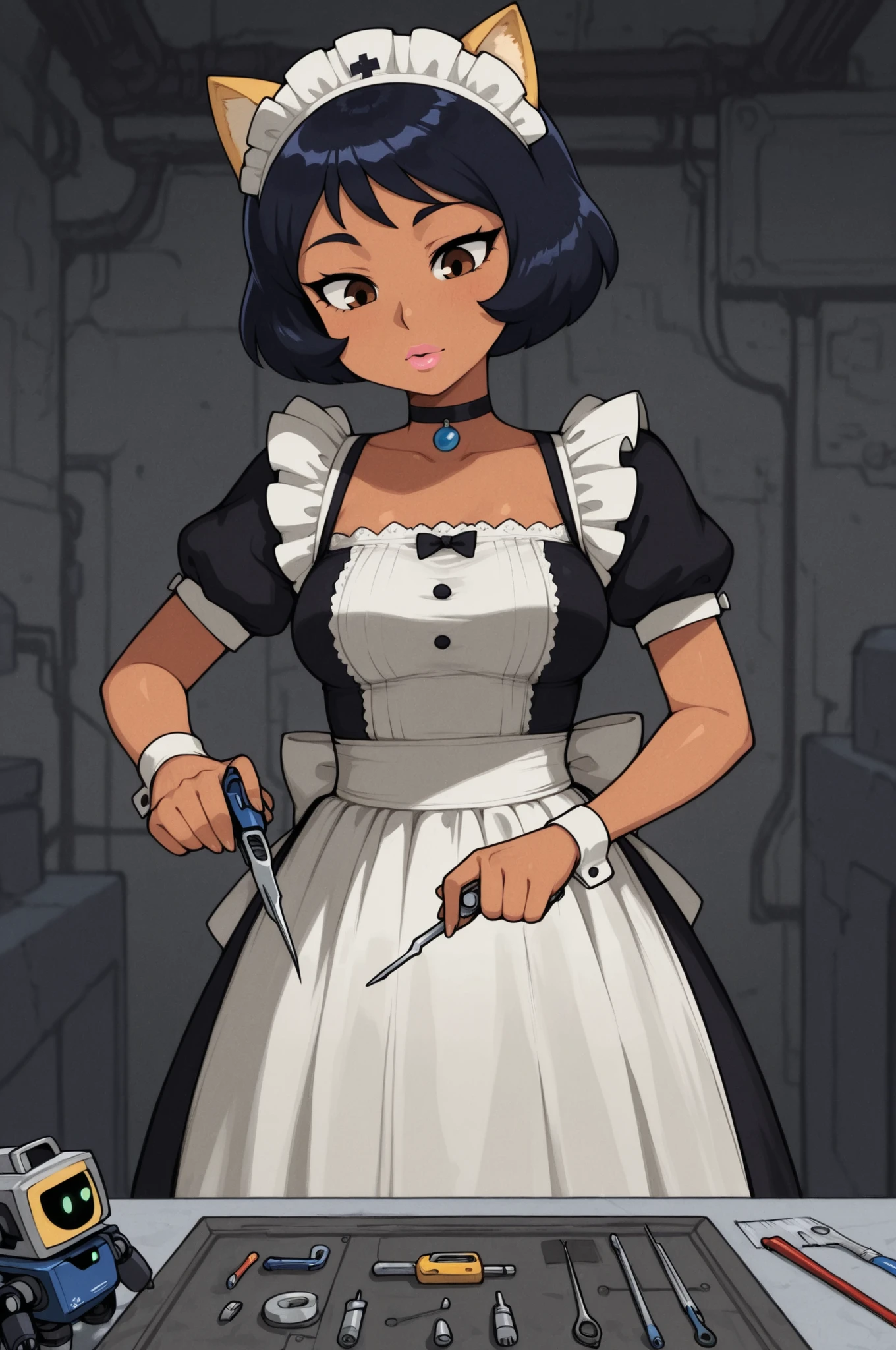  totally_spies_2k24 alex, black hair, short hair, brown eyes, dark-skinned female, pink lips, medium breasts, choker. |  high quality, masterpiece, best quality, 3/4 viewer,  fox_ears,  (detailed eyes:1.2), (sharp eyes:1.1), wearing a refined black and white maid outfit with subtle metallic trims and futuristic embellishments, white lace headdress with small tech ornaments, mary janes with polished details, seated at a futuristic workbench in a calm, focused pose, (carefully repairing a small robot with precision tools in hand:1.3), background as a robotic maintenance room filled with spare parts, glowing holo-screens, and scattered mechanical components, soft but cinematic lighting highlighting her fox features and maid uniform, highly detailed anime-style illustration. long skirt