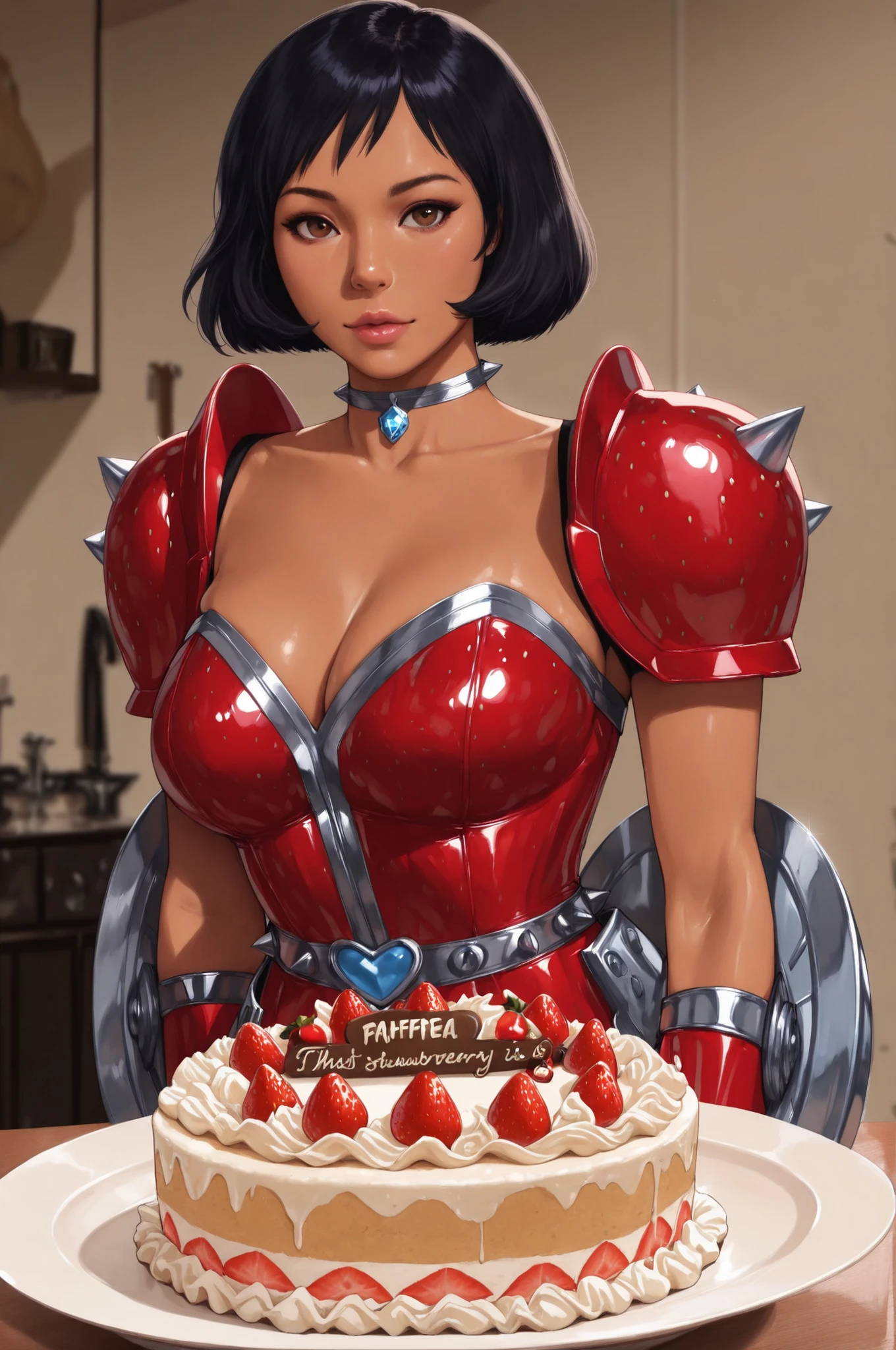  totally_spies_2k24 alex, black hair, short hair, brown eyes, dark-skinned female, pink lips, medium breasts, choker. |  An ultra-bustiest warrior woman, Her armor looks like made of strawberry cake and whipped cream, so intricate and beautiful, complete with icing plates, sugar crystal spikes, and strawberry-coloured leather suit. Her shield is in the shape of strawberry. Capture the details of the strawberry cake armor and her determined expression. The background is pastry shop interior. Fantasy of reality photography, Figh resolution, (realistic lighting, realistic contrast, best quality, 8k, masterpiece:1.43), this real life documentation portrait has impeccable attention to detail, and an impressive composition. 