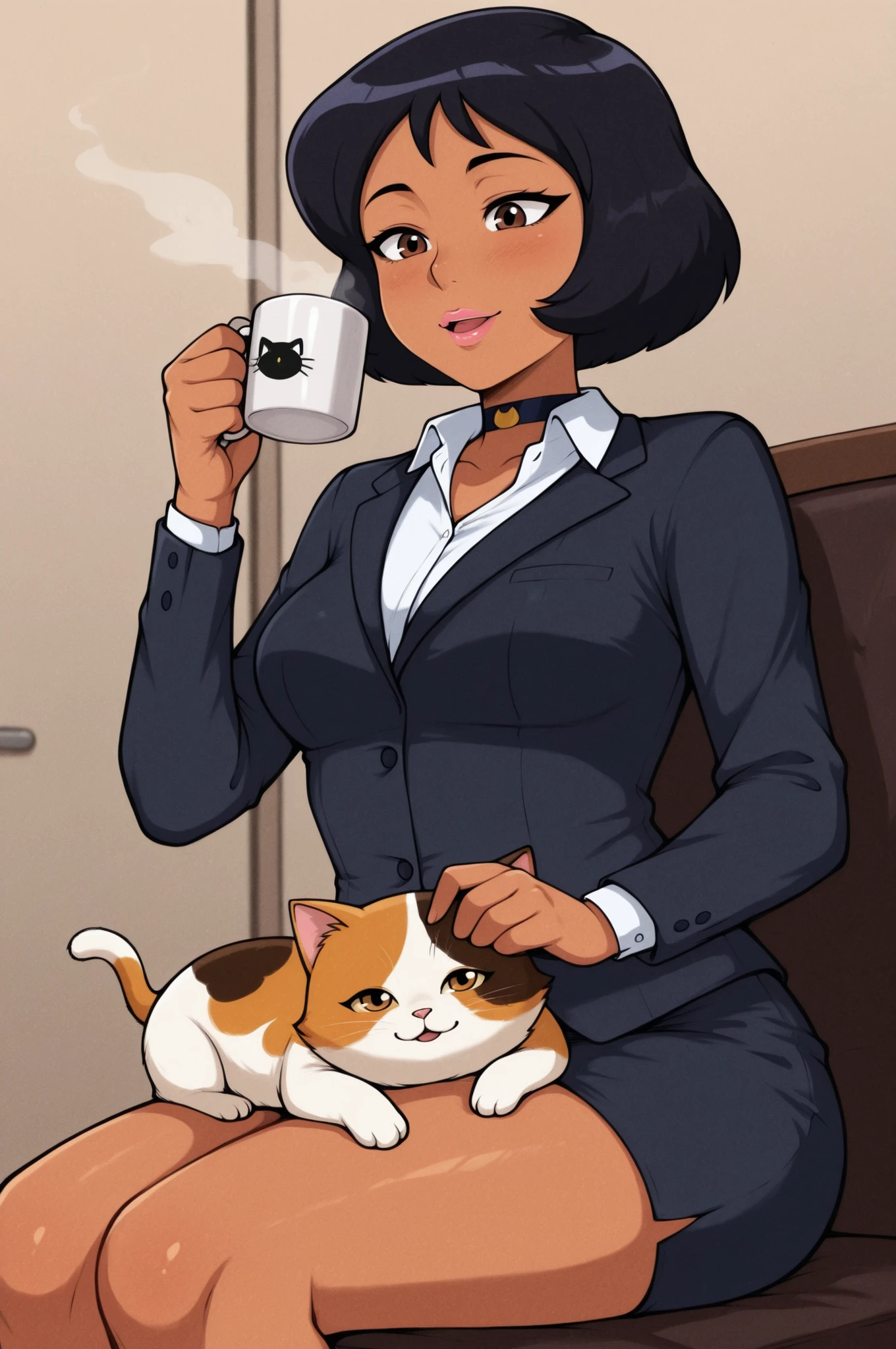  totally_spies_2k24 alex, black hair, short hair, brown eyes, dark-skinned female, pink lips, medium breasts, choker. |  Realistic , Cat Life A cat greets an office lady who comes home tired , Reunion at the front door , a happy cry Calico cat curling up on its lap , owner drinking coffee , time of peace Steam in a mug , Cat purring sound , healing dusk Warmth Touched by Little Paws , relaxed expression , everyday happiness 