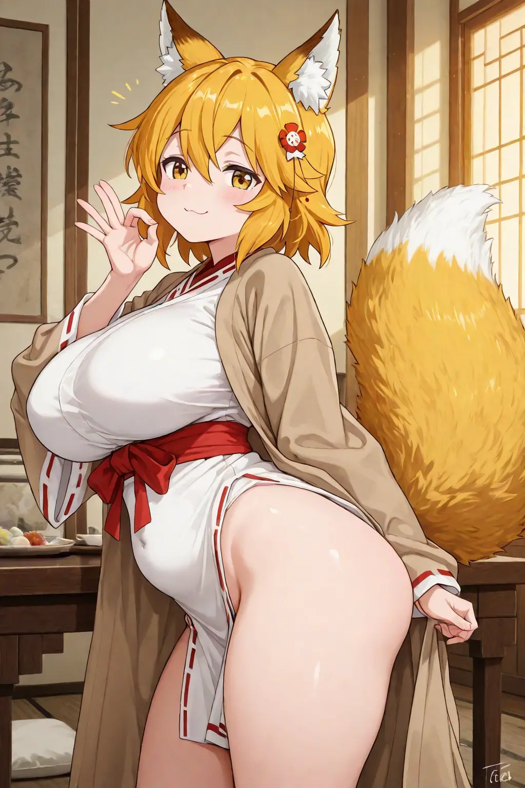 [score_9, score_8_up, score_7_up, score_6_up, score_5_up, score_4_up::0.2], 
refraction, caustics, rim lights, bloom, 
BREAK
scenery, detailed background, highlights, shaded, 
[orange theme | gold theme], green theme, 
day, outdoors, blue sky, cloud, dappled sunlight, 
forest, grass, bamboo forest, bamboo, evening, 
BREAK
1girl, kitsune, solo, yellow eyes, slit pupils, very long hair, light orange hair, hair between eyes, messy hair, 
fox girl, fox ears, animal ear fluff, fox tail, multiple tails, :o, blush, half-closed eyes, flustered, upper teeth only, fang, 
detached sleeves, navel, thigh strap, nontraditional miko, cleavage, hakama skirt, thighhighs, 
breasts out, curvy, (plump:0.5), huge breasts, large areolae, big nipples, perky breasts, thick thighs, sweat, shiny skin, steaming body, 
pussy juice, pussy juice trail, pussy, cleft of venus, colored pubic hair, 
looking at viewer, squatting, arm behind head, arm up, armpits, shirt lift, 
<lora:BlueBorscht-P4v1-PDXL:1>