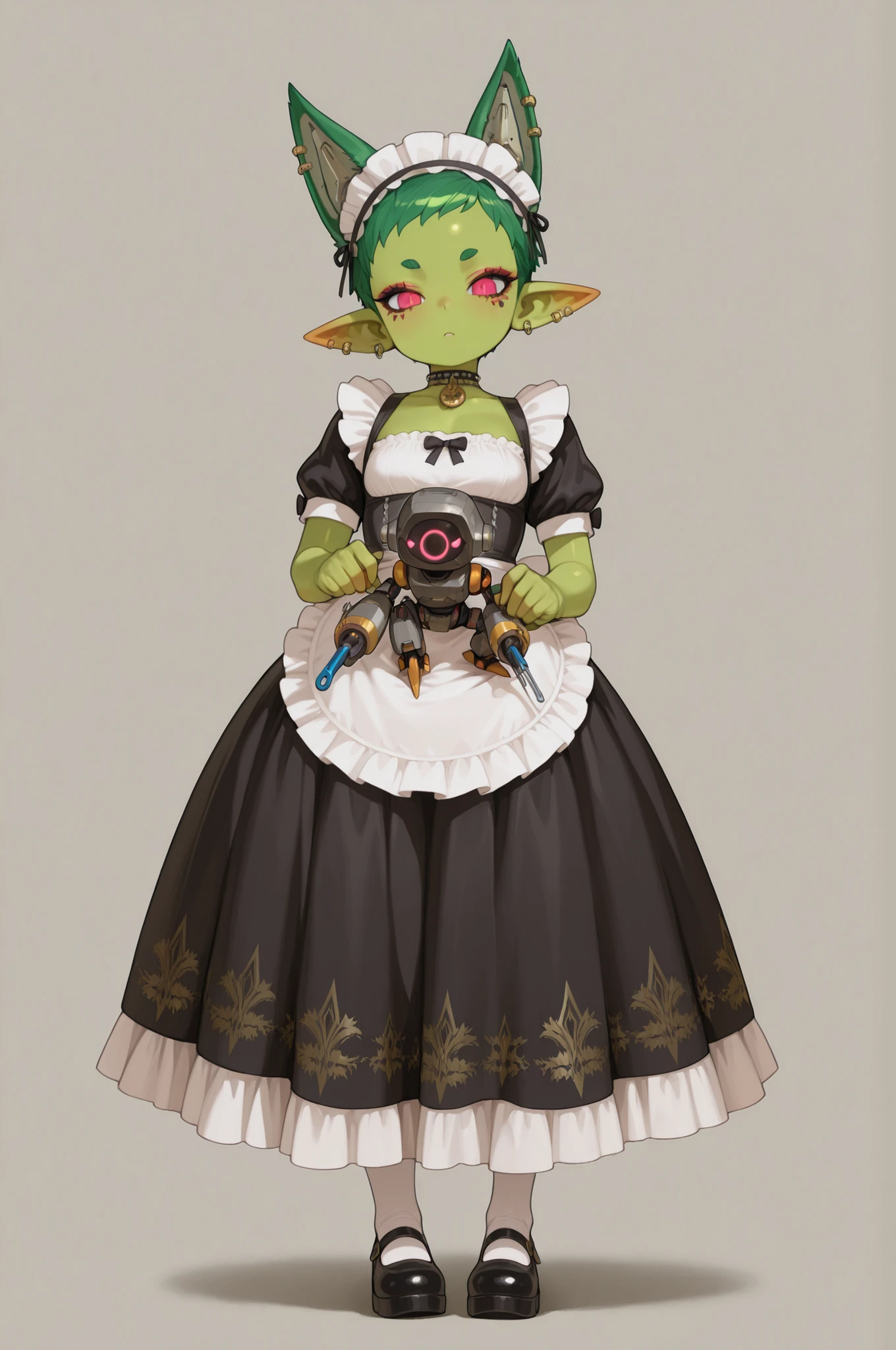 female punk, random colors hair, black eye , facial piercings, eye makeup, small breasts, meduim hips, (goblin femboy:1.0) (shortstack:1.0) (green skin:1.0) (pointy ears:1.0) (wide hips:1.0) boy. crossdressing, femboy. huge hips, very short hair. Bouffant. femboy. choker.| high quality, masterpiece, best quality, 3/4 viewer,  fox_ears,  (detailed eyes:1.2), (sharp eyes:1.1), wearing a refined black and white maid outfit with subtle metallic trims and futuristic embellishments, white lace headdress with small tech ornaments, mary janes with polished details, seated at a futuristic workbench in a calm, focused pose, (carefully repairing a small robot with precision tools in hand:1.3), background as a robotic maintenance room filled with spare parts, glowing holo-screens, and scattered mechanical components, soft but cinematic lighting highlighting her fox features and maid uniform, highly detailed anime-style illustration. long skirt