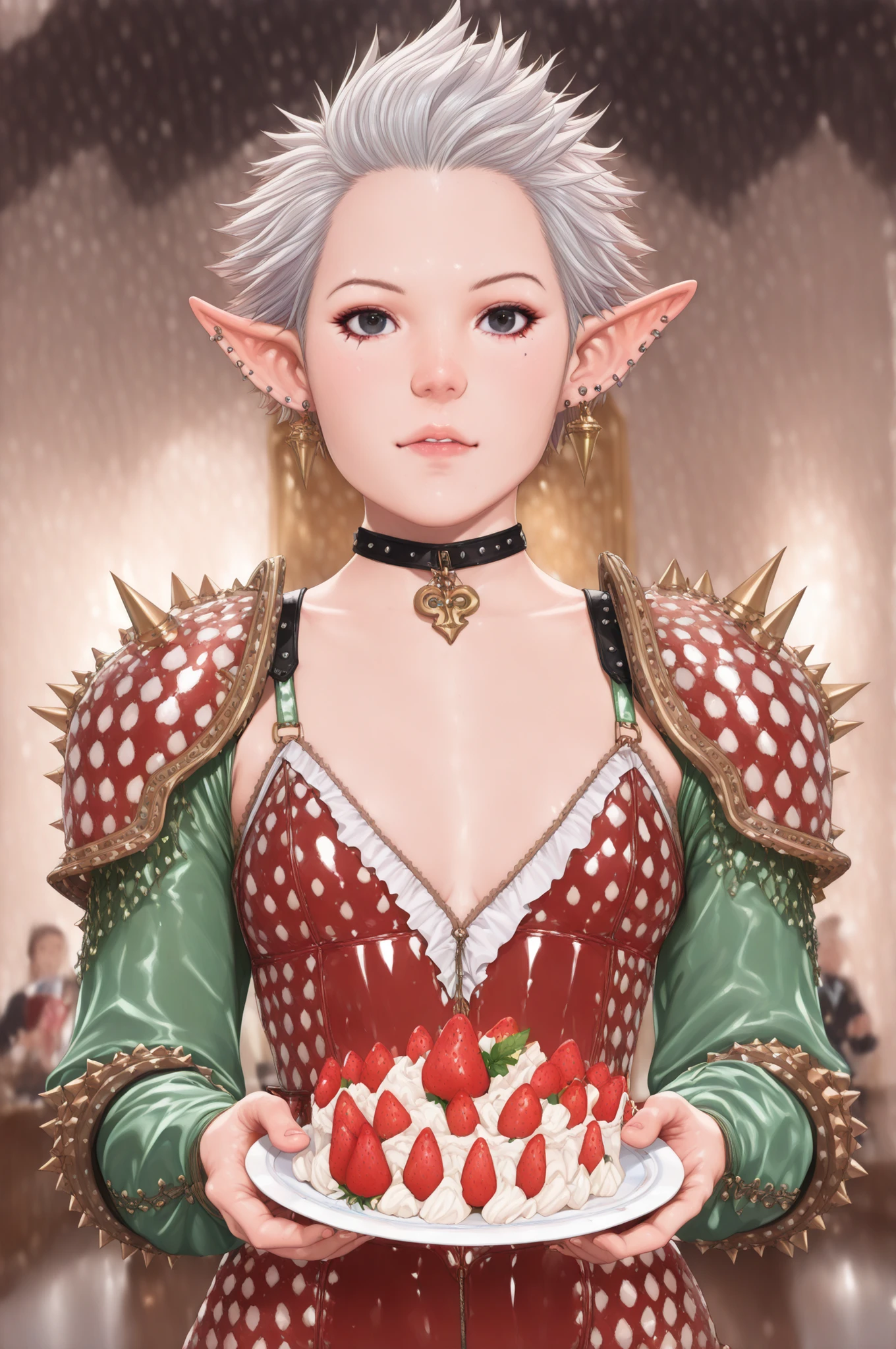 female punk, random colors hair, black eye , facial piercings, eye makeup, small breasts, meduim hips, (goblin femboy:1.0) (shortstack:1.0) (green skin:1.0) (pointy ears:1.0) (wide hips:1.0) boy. crossdressing, femboy. huge hips, very short hair. Bouffant. femboy. choker.| An ultra-bustiest warrior woman, Her armor looks like made of strawberry cake and whipped cream, so intricate and beautiful, complete with icing plates, sugar crystal spikes, and strawberry-coloured leather suit. Her shield is in the shape of strawberry. Capture the details of the strawberry cake armor and her determined expression. The background is pastry shop interior. Fantasy of reality photography, Figh resolution, (realistic lighting, realistic contrast, best quality, 8k, masterpiece:1.43), this real life documentation portrait has impeccable attention to detail, and an impressive composition.