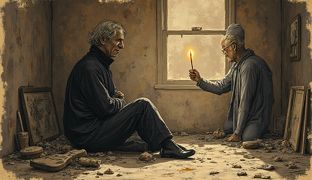 the night，There are no lights，Only dim moonlight，Under a viaduct in a slum，A 40-year-old male beggar lies face down on a hot manhole cover for warmth，Wisps of steam come out of the edge of the manhole cover