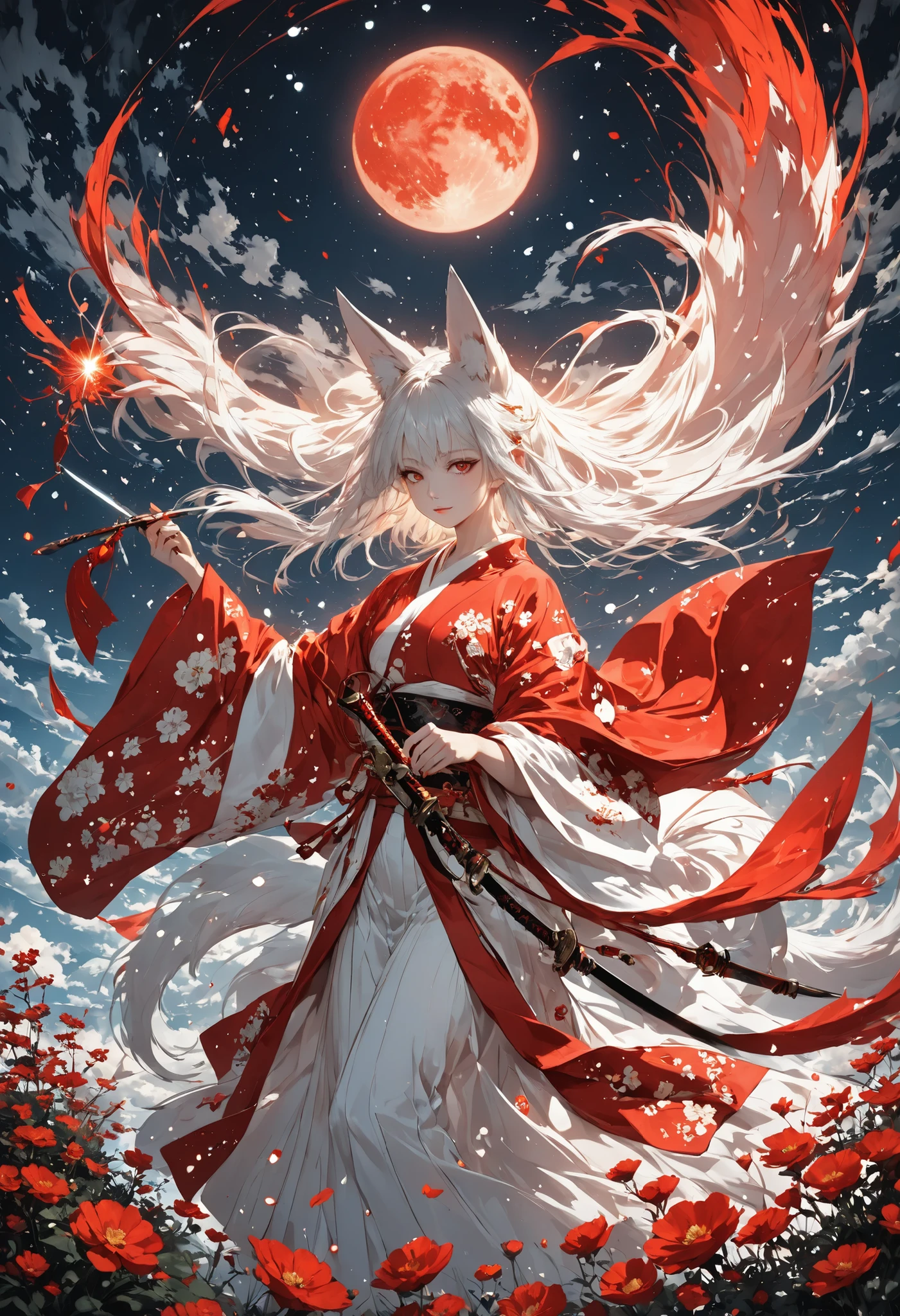 FLUX style, ultra-detailed panoramic cinematic masterpiece -- A celestial dreamscape unfolds above the clouds under a twilight sky, lit by a blood-red moon casting a faint crimson glow. A boundless sea of glowing white flowers blankets the ethereal expanse, their petals radiating ethereal golden light. Countless petals float upward in shimmering waves, others cascade in a dreamlike torrent, mingling with golden particles like radiant fireflies. A red torii gate stands silhouetted on the far horizon, its golden accents glinting, evoking sacred mystery.
At the heart of this surreal cosmos, captured from an extremely distant aerial perspective, stands a breathtaking nine-tailed fox woman, an ancient kitsune, embodying divine feminine beauty. Her long, silky white hair flows like starlight, framing delicate fox ears that quiver in the breeze. Her nine majestic tails, lush with white fur tipped with gold, fan out in a radiant arc, visible from afar. Her almond-shaped eyes glow with timeless wisdom. She wears a red kimono, embroidered with white and gold, its silk folds parted to catch the magic circle’s glow. In one hand, she holds a crimson demon blade, pulsing with subtle red light, harmonizing with the moon.
With her other hand, she weaves a Sanskrit magic circle, its golden runes pulsing with vibrant inner light—the scene’s sole light source—casting a divine glow on her face, tails, and nearby flowers. The circle’s sigils orbit in spirals, reflecting on clouds below. The composition captures the kimono’s silky sheen, the velvety texture of her ears and tails, the luminous flowers, the weathered torii, and the blade’s menacing gleam. The color palette is strictly red, white, and gold, creating a harmonious, otherworldly landscape of transcendence and sacred silence.