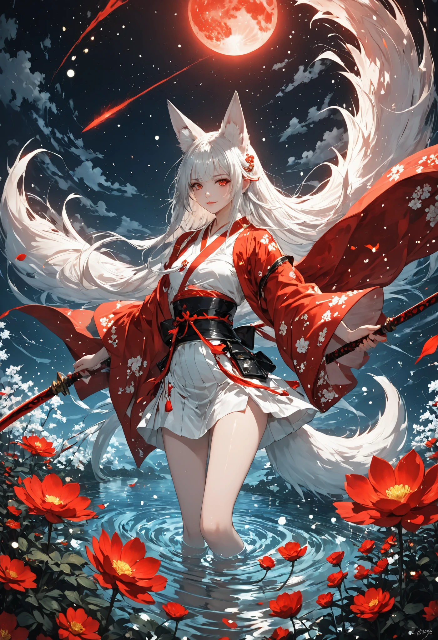 FLUX style, ultra-detailed panoramic cinematic masterpiece -- A celestial dreamscape unfolds above the clouds under a twilight sky, lit by a blood-red moon casting a faint crimson glow. A boundless sea of glowing white flowers blankets the ethereal expanse, their petals radiating ethereal golden light. Countless petals float upward in shimmering waves, others cascade in a dreamlike torrent, mingling with golden particles like radiant fireflies. A red torii gate stands silhouetted on the far horizon, its golden accents glinting, evoking sacred mystery.

At the heart of this surreal cosmos, captured from an extremely distant aerial perspective, stands a breathtaking nine-tailed fox woman, an ancient kitsune, embodying divine feminine beauty. Her long, silky white hair flows like starlight, framing delicate fox ears that quiver in the breeze. Her nine majestic tails, lush with white fur tipped with gold, fan out in a radiant arc, visible from afar. Her almond-shaped eyes glow with timeless wisdom. She wears a red kimono, embroidered with white and gold, its silk folds parted to catch the magic circle’s glow. In one hand, she holds a crimson demon blade, pulsing with subtle red light, harmonizing with the moon.

With her other hand, she weaves a Sanskrit magic circle, its golden runes pulsing with vibrant inner light—the scene’s sole light source—casting a divine glow on her face, tails, and nearby flowers. The circle’s sigils orbit in spirals, reflecting on clouds below. The composition captures the kimono’s silky sheen, the velvety texture of her ears and tails, the luminous flowers, the weathered torii, and the blade’s menacing gleam. The color palette is strictly red, white, and gold, creating a harmonious, otherworldly landscape of transcendence and sacred silence.