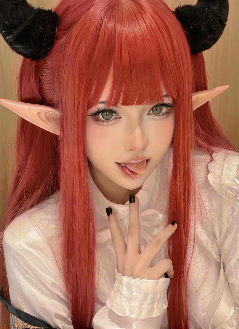 A pink-haired，Red horns on the head，green pupills，Girl with red eyeshadow