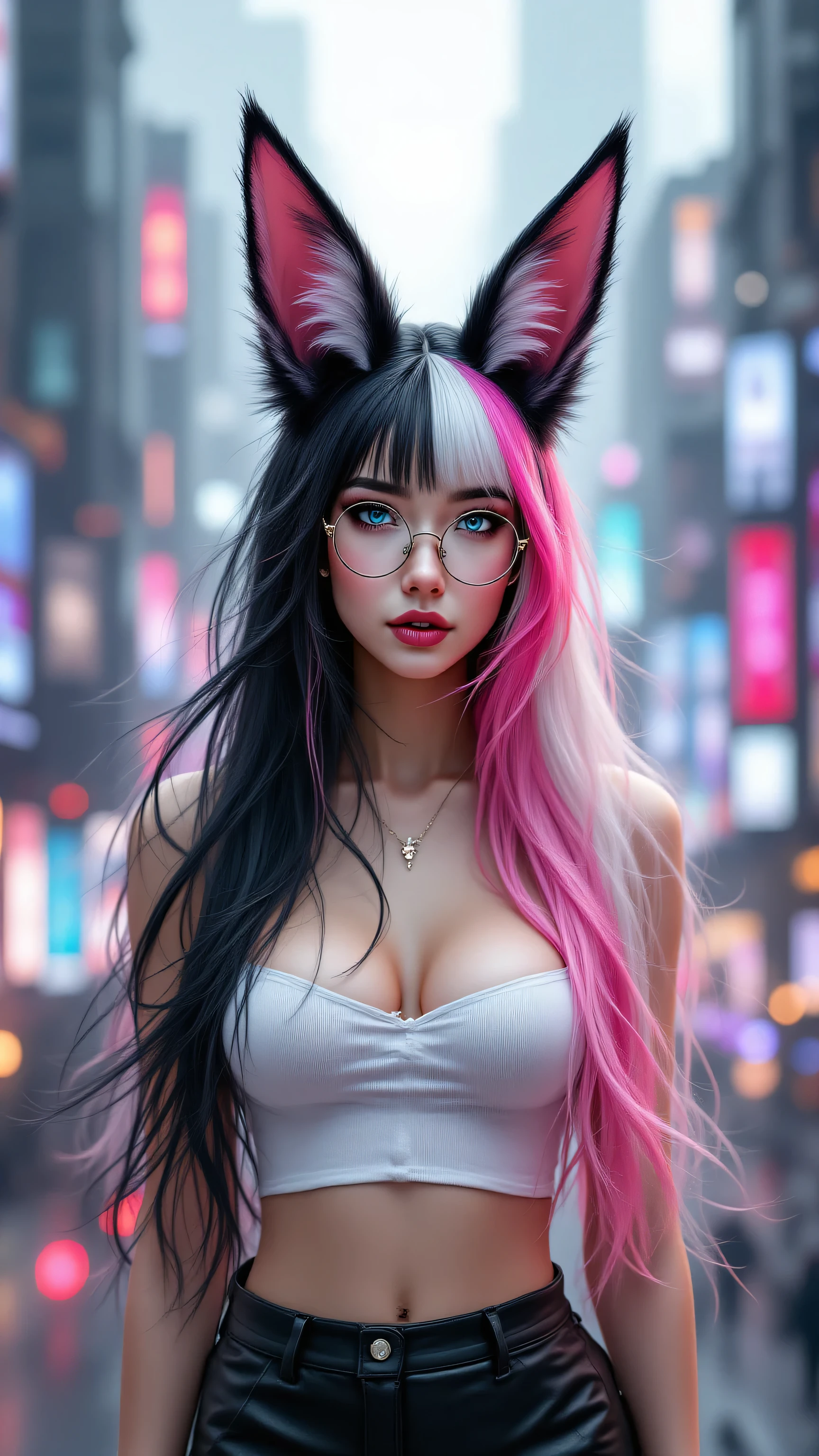 Ultra HD, beautiful woman with long black and white hair, with pink locks, with pretty black and white fox ears, with pretty blue eyes, wears glasses, porte un haut blanc, With a leather skirt, vue de face, dans une ville.