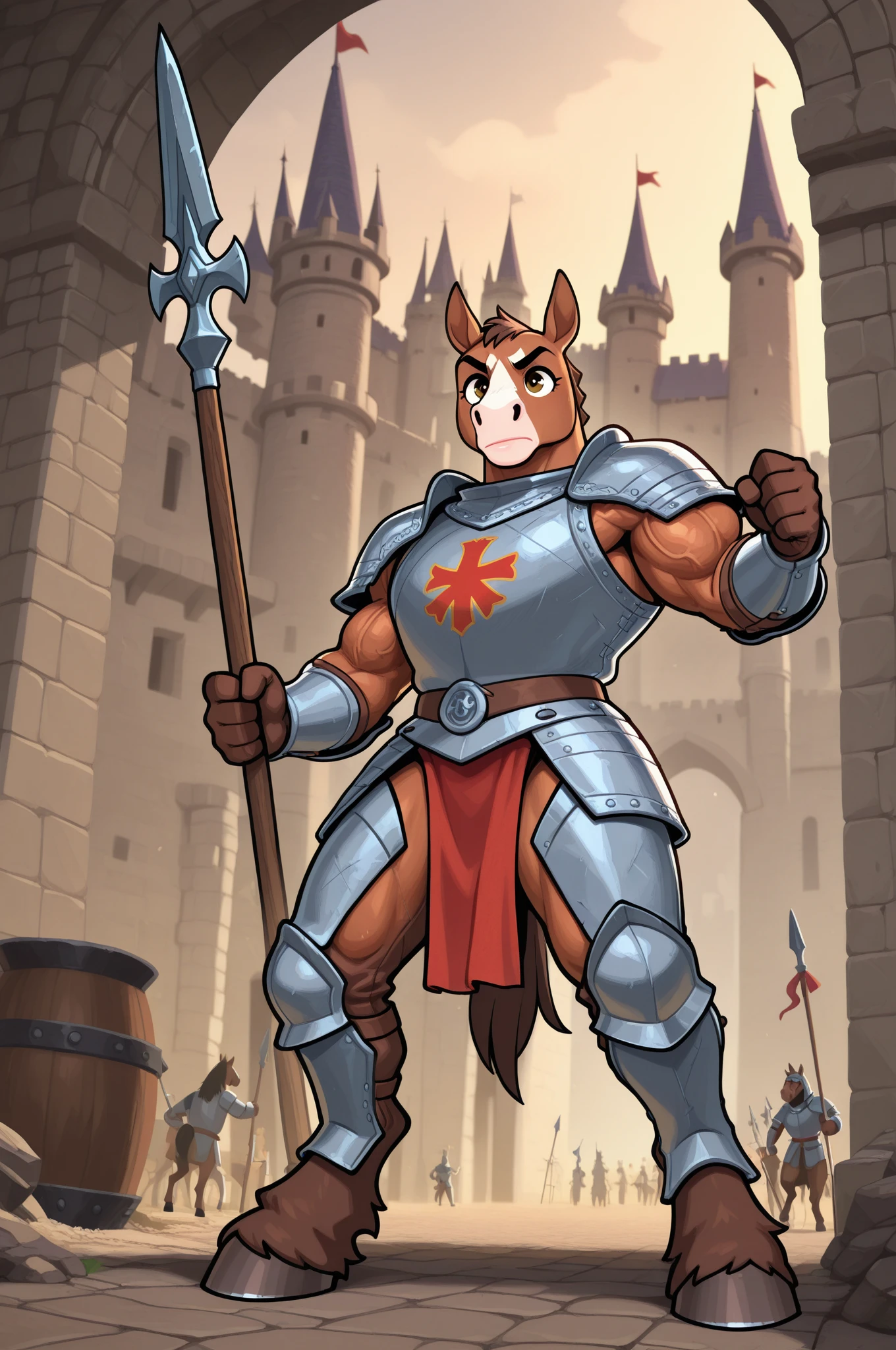 top quality, high-quality illustrations, epic, depth of field, bokeh, 4k, gothic, the beautiful depiction of light seen in Vermeer's works, the intricate portrayal of muscles found in Michelangelo's works, Landscapes inspired by biblical themes depicted by Leonardo da Vinci, masterpiece, dark fantasy, castle, gatekeeper, absurdres, Perfect Anatomy(kemono, anthro, beastman, solo focus, bulge in the crotch)(horse facial features, horse body features)(detailed muscles)full body(Fighting Pose)Armor, Spear, Medieval Warrior, dense sweat, casting lightning, electricity, swirling fire, radiating power, sparks, smoke, magic, dramatic, battlefield, ember, particles,