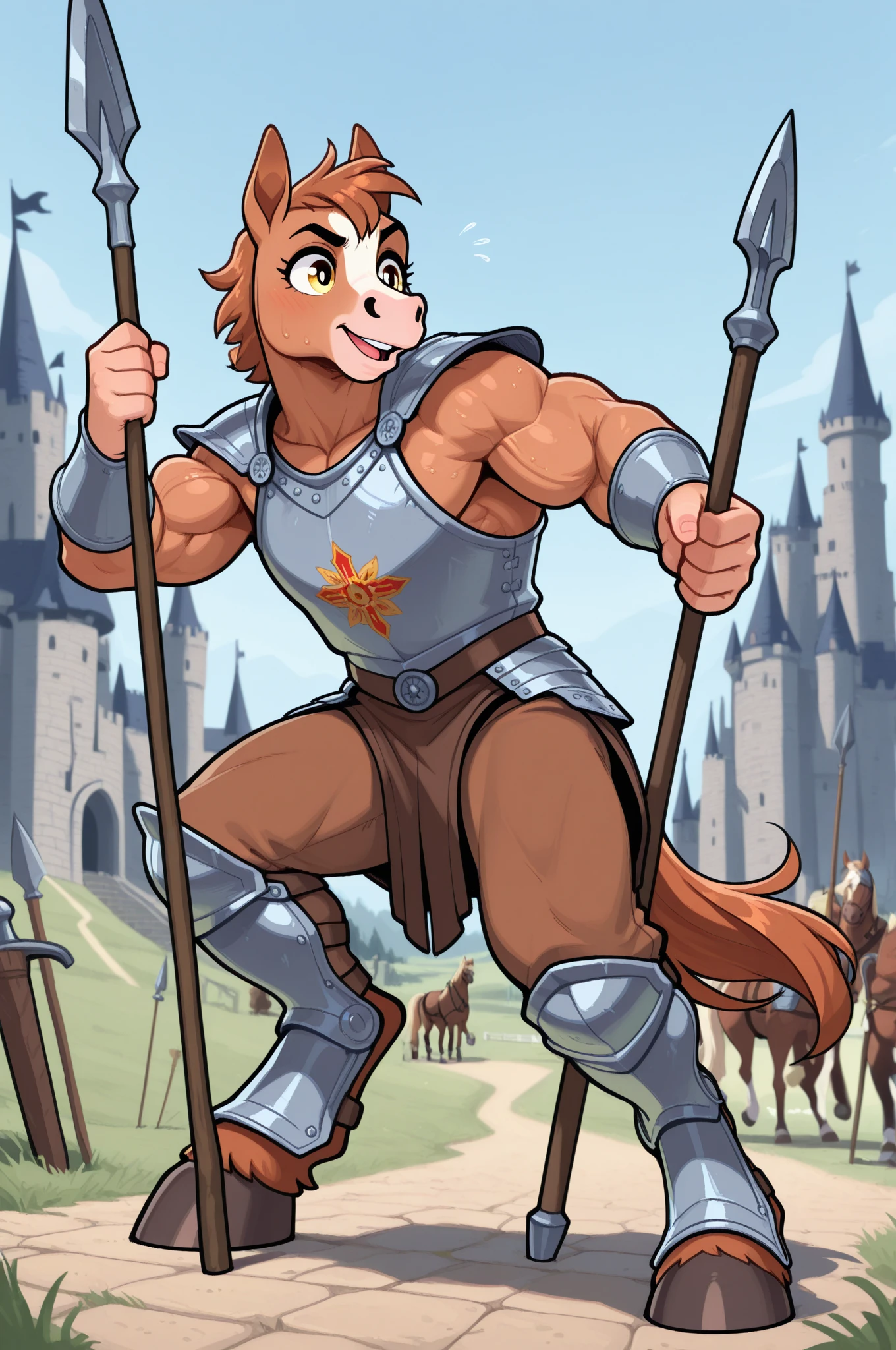 Top Quality, High-quality illustrations, the beautiful depiction of light seen in Vermeer's works, the intricate portrayal of muscles found in Michelangelo's works are highly admired, masterpiece, Dark Fantasy, Castle, Gatekeeper, absurdres, Perfect (kemono, Beastman, Solo Focus, bulge in the  area) (Anthro,Horse Facial Features, Horse Body Features, Dense and Detailed Muscles)Full Body, Fighting Pose, Armor, Spear, Medieval Warrior, dense sweat,