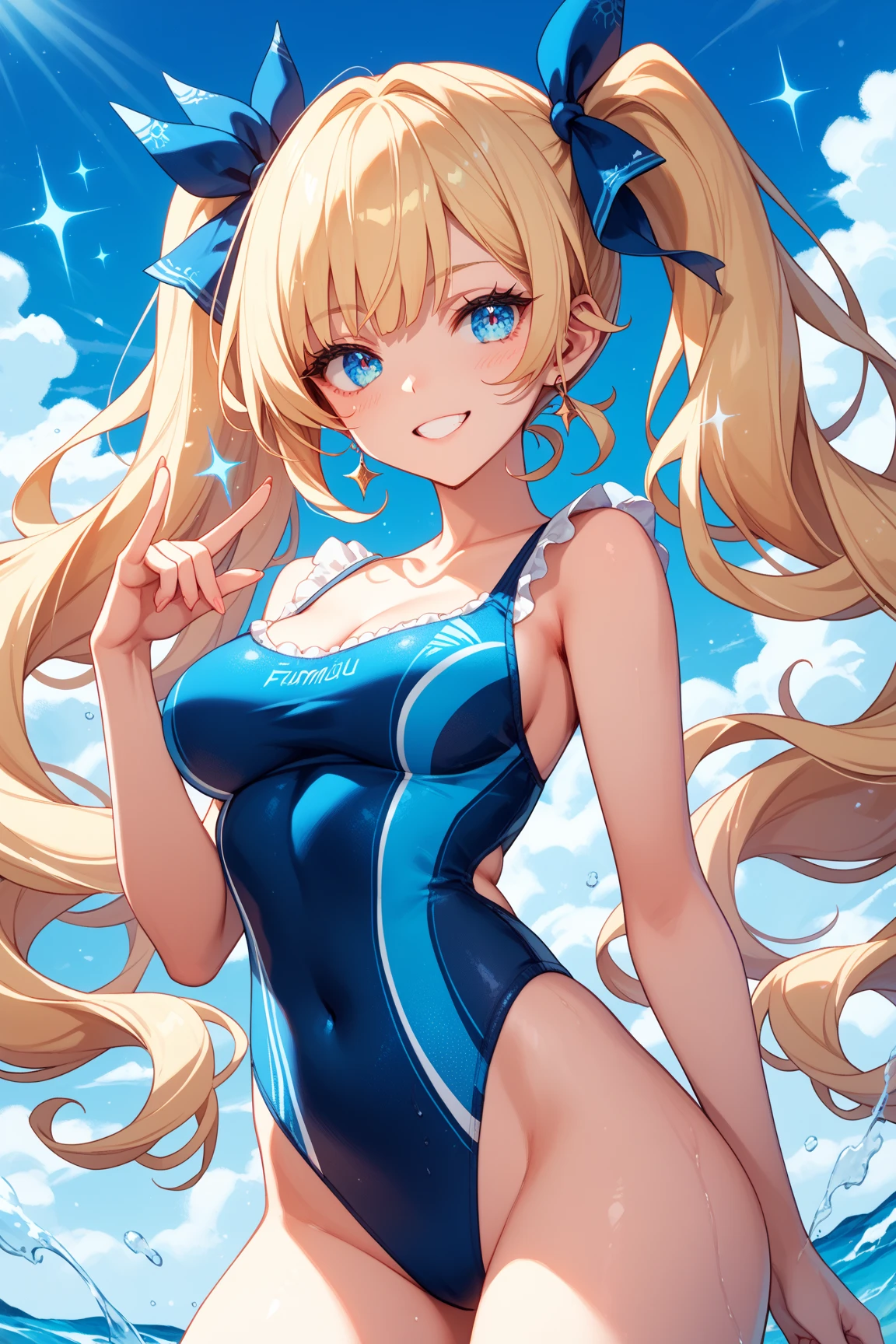 masterpiece, official art, no text, toki \(\) \(blue_archive\), toki \(blue_archive\), halo, blond hair, long hair, , , strapless leotard, on street, outdoors, double v, smile, blue nails, upper body, depth of field <lora:last3-000005:0.8>