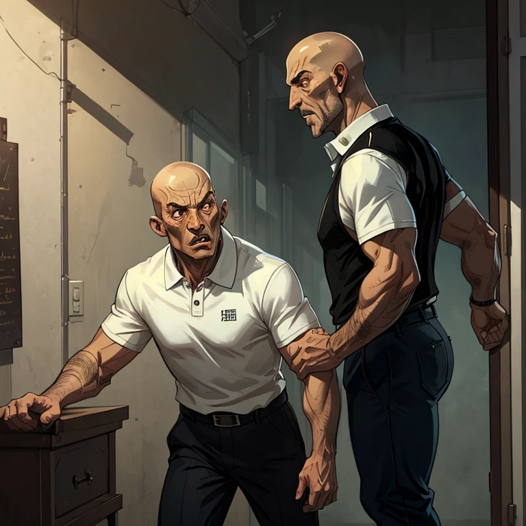 A brown-skinned, skinhead, tall, muscular man of about 40 years of age with a high-pressure atmosphere in elegant security guard clothes, depicted against a white background.