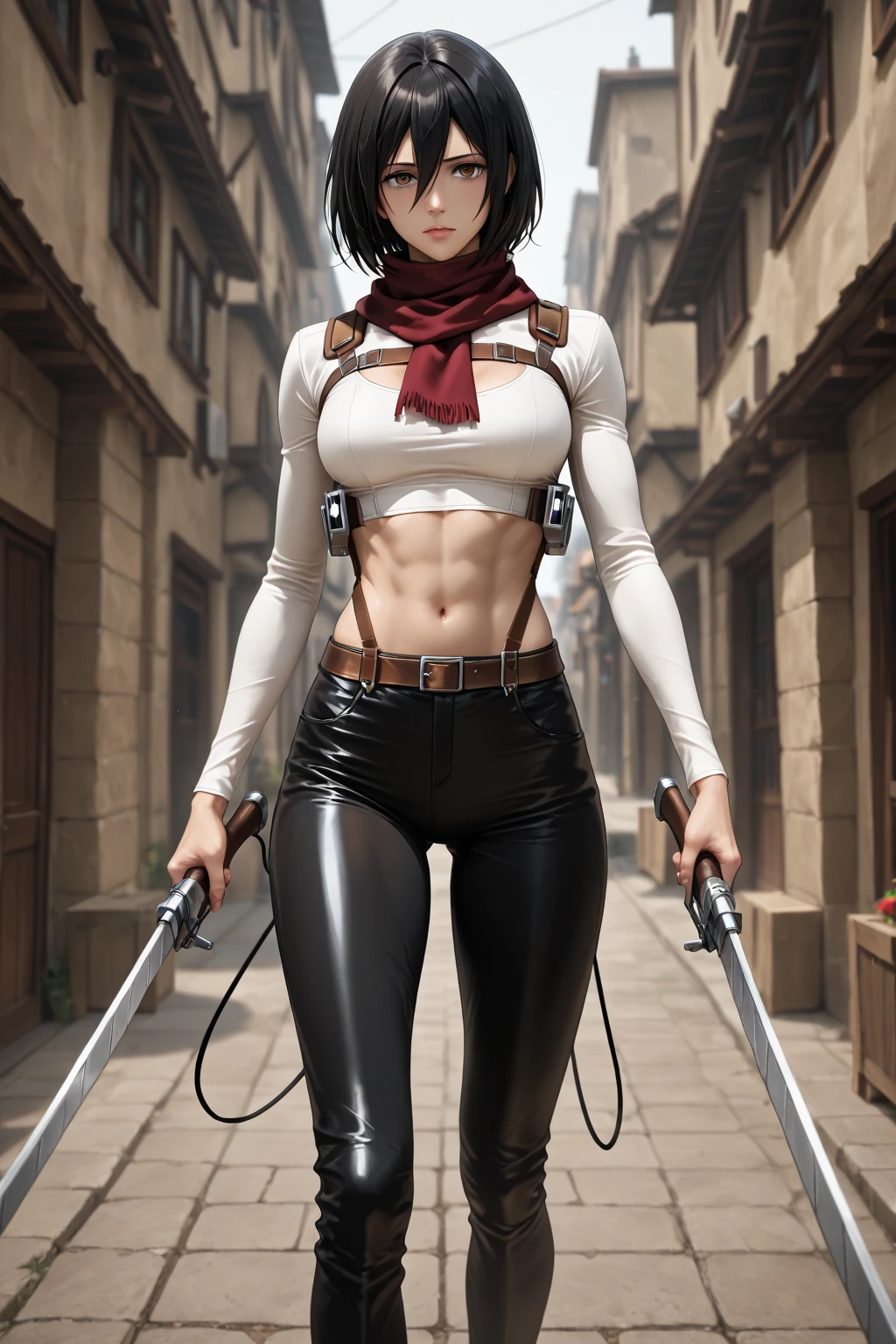 8K, Top Quality, Intricate Details, Ultra Detail, Ultra High Resolution, Masterpiece, random angle, mikasa ackerman,   Slender, Smile, (Makeup: 0.4), (Fluffy Blue Eyes: 1.21), blue Eyes,, ((full body)), 1girl, solo, 1 girl, (( full body)),  close-up shot,  , , ((tall)), (((fit body))), (((slim face))), sharp face, sharp eyes, (((black hair,  short hair, bangs ))  ,(detailed face), sharp face, small lips, thin lips, 
 ((red scarf, crop top, thigh strap)),  detailed face, detailed ??????, , large ??????, detail, , Beautiful girl with accentuated slender abs: 1.4, Six Pack Abs: 1.4, Bust Botox, Big, Perfect Body, detail leg, (( moonlight)), ocean