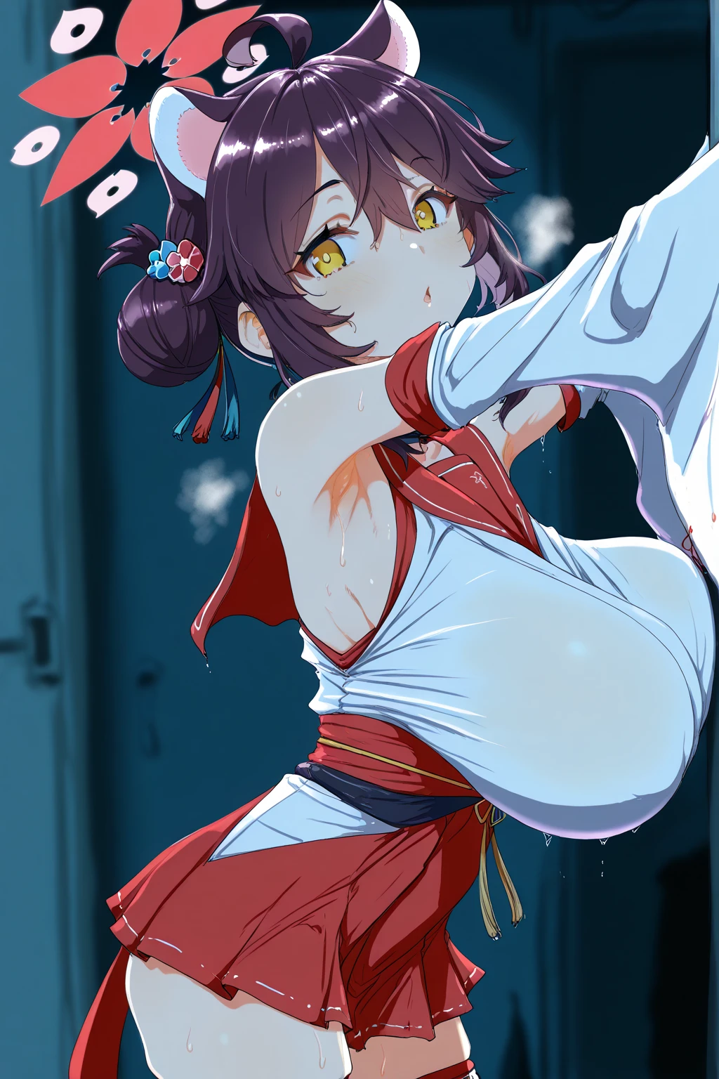 masterpiece、High resolution、Highest quality、1 girl、natsuiro matsuri、Festival Base、Back view、Brown Hair、High ponytail、Round green eyes、short hair、Headband、Bleaching、Loincloth、Blue Japanese traditional haori、smile