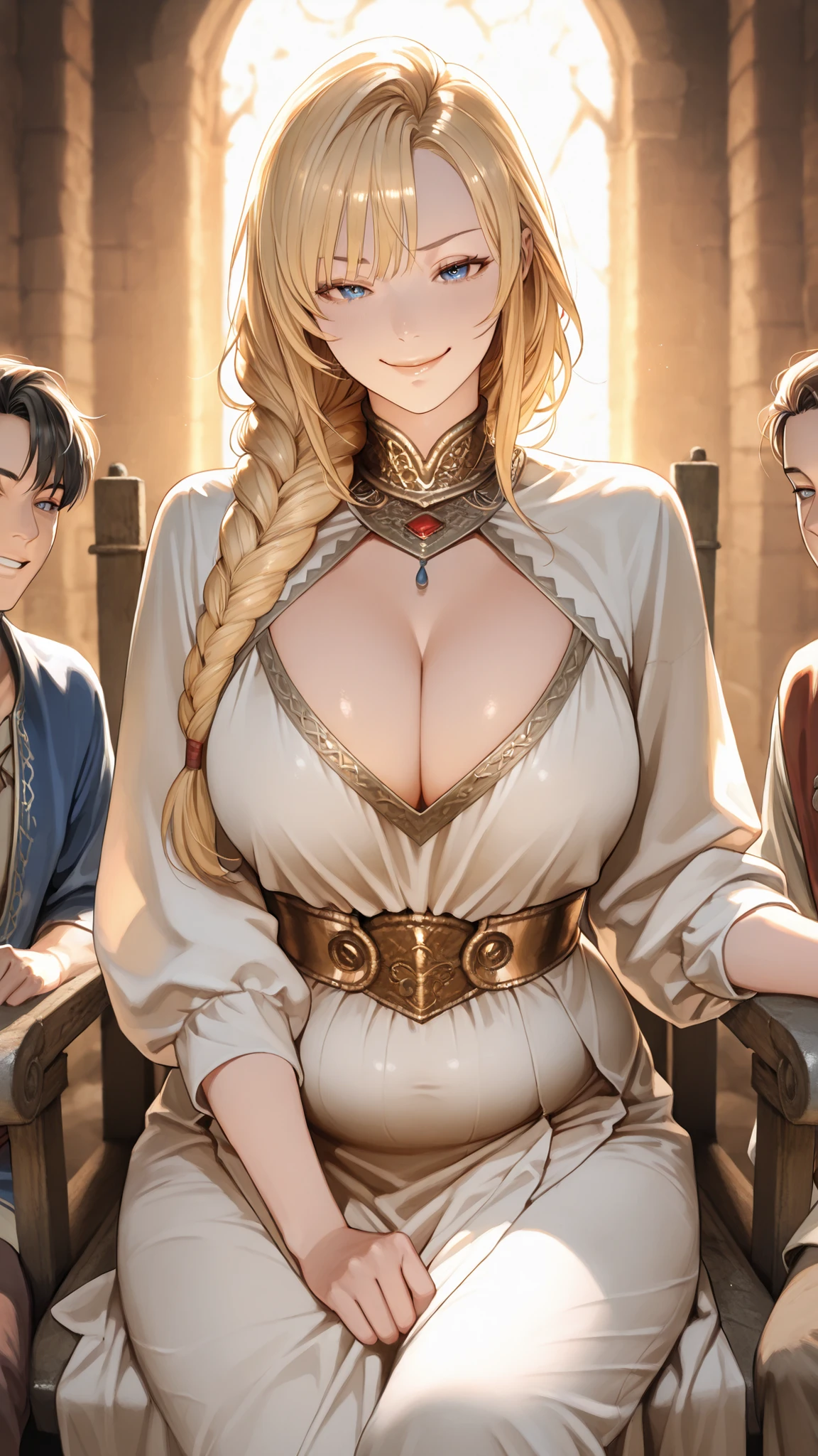 Masterpiece Quality, A semi-realistic man-in-the-middle style. ,Highest Quality, high definition, ULTRA DETAIL,anatomically correct, high quality illustration,ULTRA DETAIL, cinematic lighting, A beautiful queen with long, braided blonde hair. , He is wearing a revealing black and gold period dress. , He is sitting on a magnificent stone throne, his chest exposed, . SHE HAS BLUE EYES, provocative smile, He is posing provocatively, holding his finger to his lips. . Her dress has a plunging neckline. , Expose your rich breasts, A plump boy looks proud. , He is leaning on her with a crooked smile. , His head is resting in her cleavage. . He is wearing a medieval tunic. , slightly messy, He also has a noticeable bulge in his trousers. . His mischievous eyes and relaxed posture are 、 making the scene even more provocative. . The queen is smiling as she embraces him tenderly., exudes a playful vibe, The background is an ancient ruin lit by warm colors. , It creates a fantasy atmosphere. .