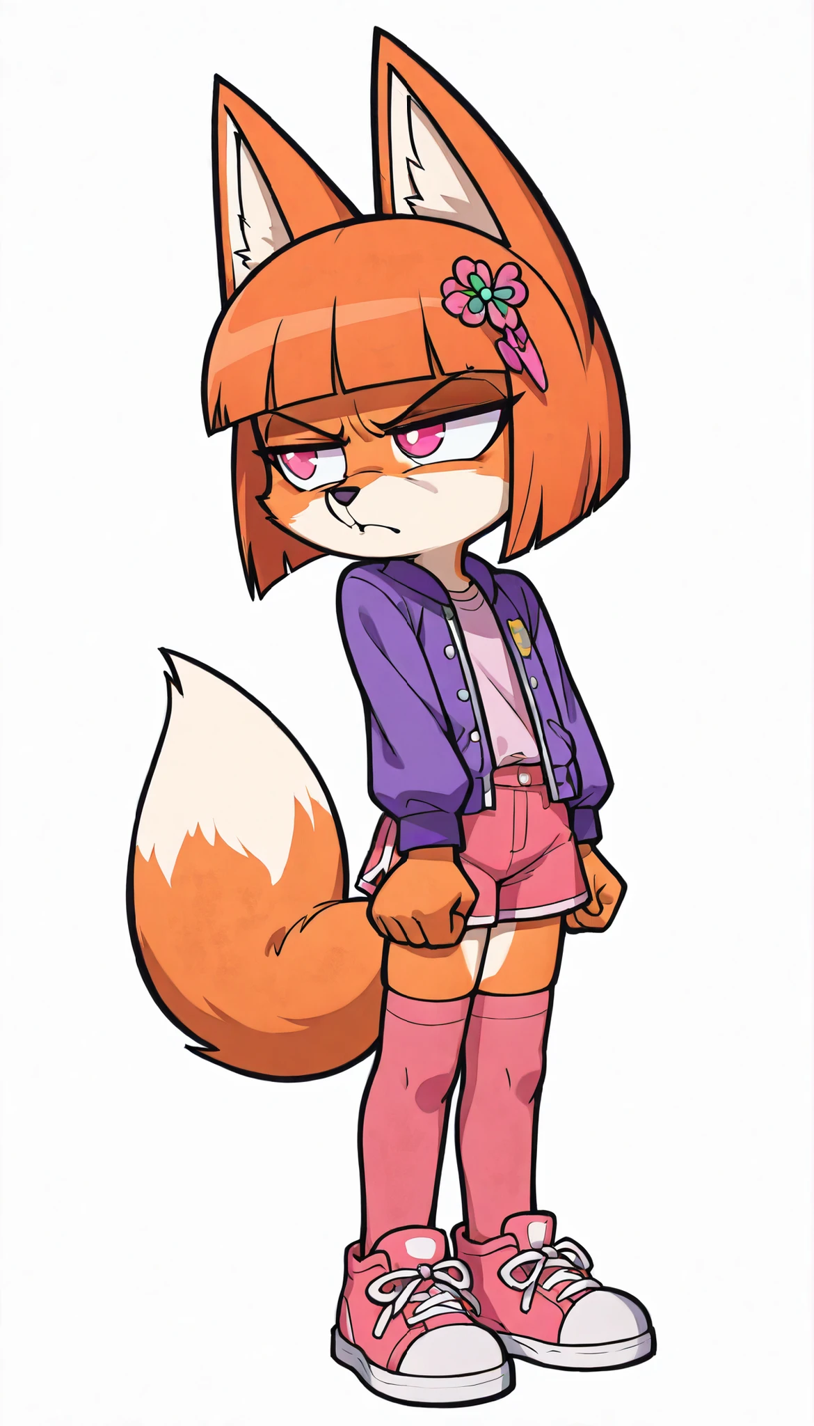score_9, score_8_up, score_7_up, 1girl, solo, masterpiece:1, best quality:1, amazing quality:1.5, very aesthetic:1.5, absurdres:1.5, newest, thick outline, black outline, Vivian, 1girl, solo, furry, furry female, fox ears, animal ears, orange hair, bangs only, no back hair, blunt bangs, two-tone fur, tail, fox tail, ((shirt, hair ornament, thighhighs, open clothes, jacket, purple jacket, long sleeves, pink shorts, shoes)), (Small, Short:1.1), (young cub:1.2), big head, pink eyes, tuft cheeks, grumpy expression, white background, simple background, 2d animation,