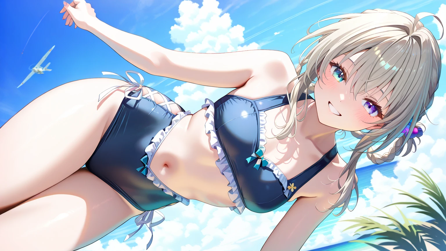 High resolution、(Cat ear)
one beautiful young woman、
(Soft saturation:1.3)、(pale skin:1.2)、
(very detailed background、detailed background)、Bokeh、
break,Portrait of a smiling girl, blonde,。Seen from the front、symmetrical configuration。
White swimsuit staring with serious eyes、white ??????、???????????、
outside the house、sea surface、sky sky、Light of the sun、summer beach、sandy beach、
Strong light always on、
( by becoming:1.3)、(cowboy shot:1.2)、Break angle from the front、
looking at the viewer、
dynamic pose、
sitting on the seaweed on the beach、seaweed、seaweed、seaweed、seaweed、seaweed、seaweed、
In 8K、highest quality、masterpiece、Super detailed、超High resolution、anime style、1 female、girl' room、Brightly printed ruffle shorts Brightly printed frill bra、calm room、Lens flare、(Cat ear)、Bob cut blonde hair、???????????、Turn around in embarrassment、???? ???????????、I can see your ????、bright black ribbon panties (Cat ear)、Bob Cut Blonde Hair、???????????、Smile and laugh with your mouth open、Turn up the skirt、I can see black panties