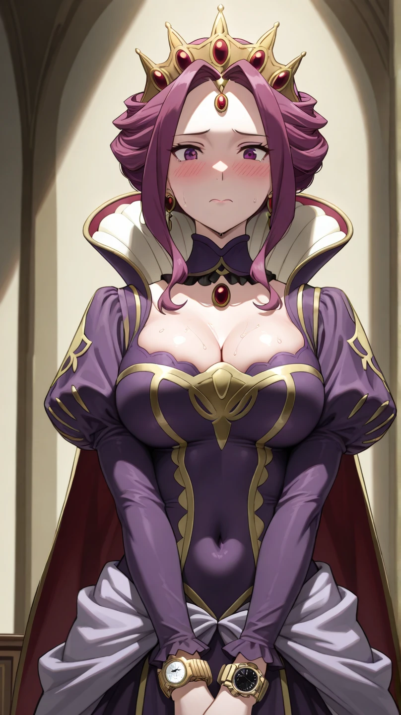 a woman in a purple outfit is posing in a room, shalltear from overlord, royal elegant pose, ((a beautiful fantasy empresighty plump female sorceress, regal pose, oppai, misato katsuragi, /!\ the sorceress, anime goddess, a beautiful fantasy empress, the empress’ hanging, alexstrasza